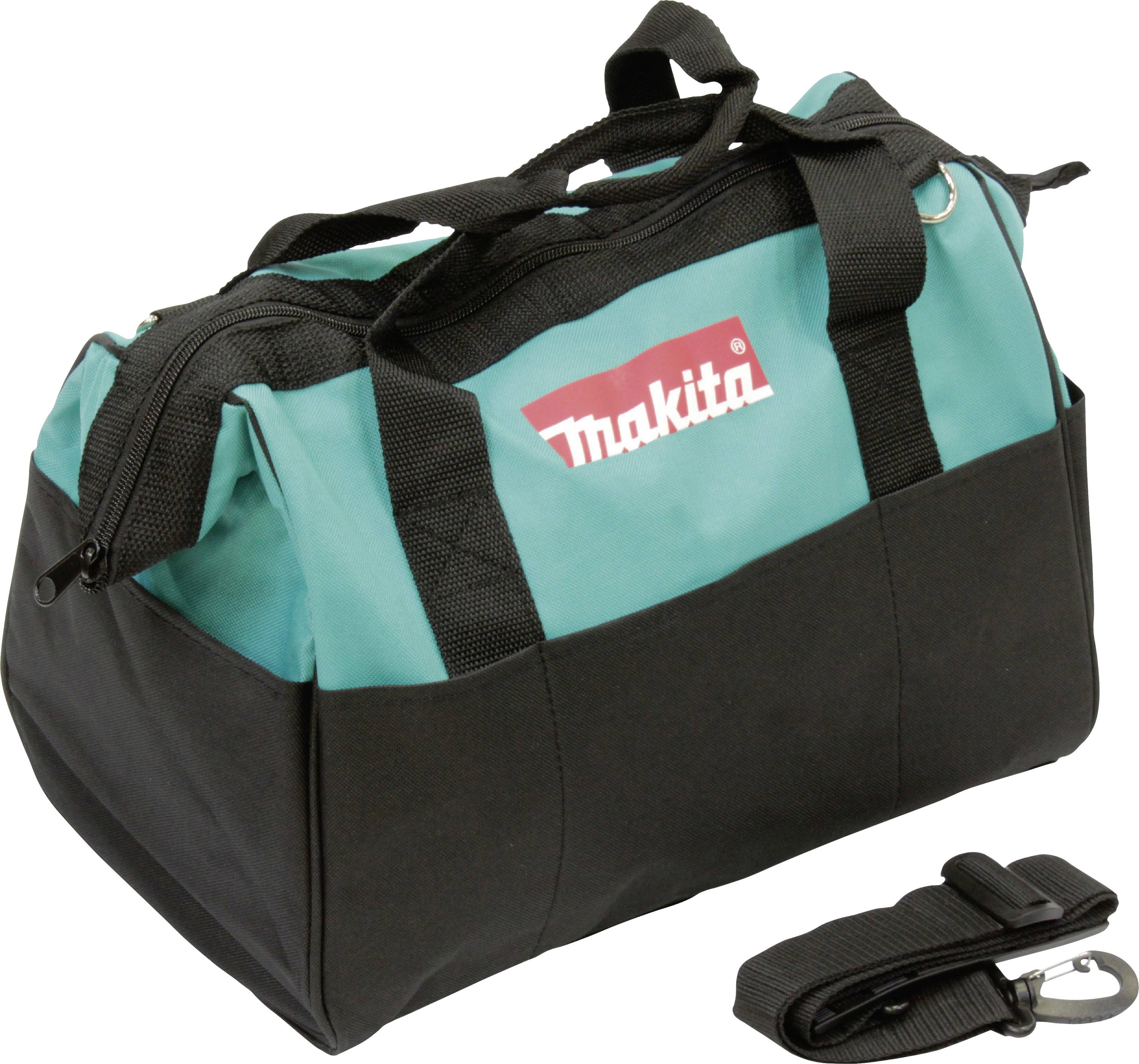 Werkzeugtasche aus grünem und schwarzem Stoff mit Tragegriffen. Markenzeichen auf der Seite. Abnehmbarer Schulterriemen daneben.