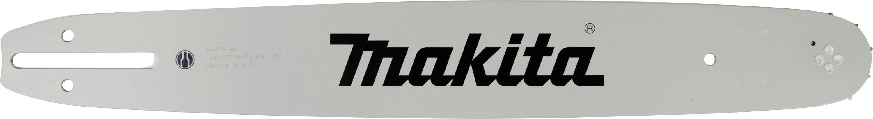 Sägeblatt einer Motorsäge mit dem aufgedruckten Markennamen 'Makita' in schwarzer Schrift.