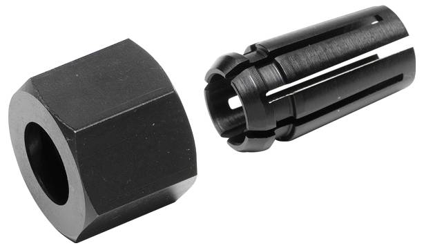 Metall-Schraubenmutter und zweiteiliges Spannfutter nebeneinander. Quadratische Mutter links, gespreiztes Spannfutter rechts.