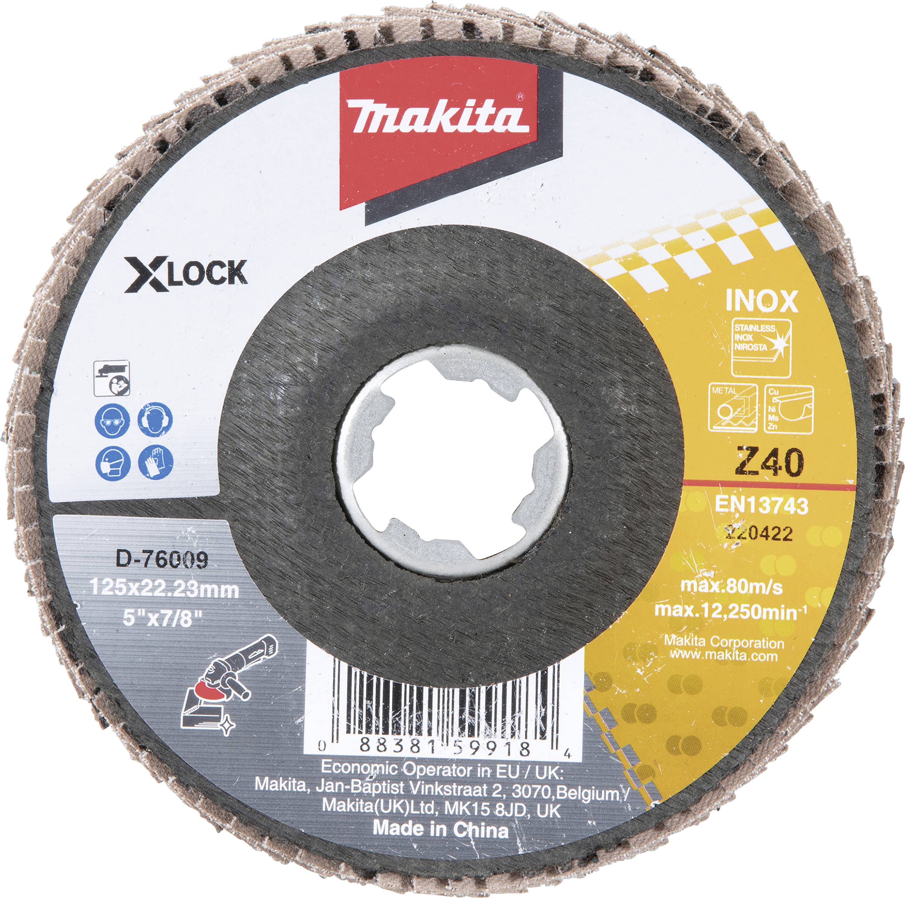 Makita Schleifscheibe Z40 für Winkelschleifer. Größe: 125x22,23 mm. Max. Drehzahl: 12.250 U/min. Anwendungen: Metallbearbeitung.