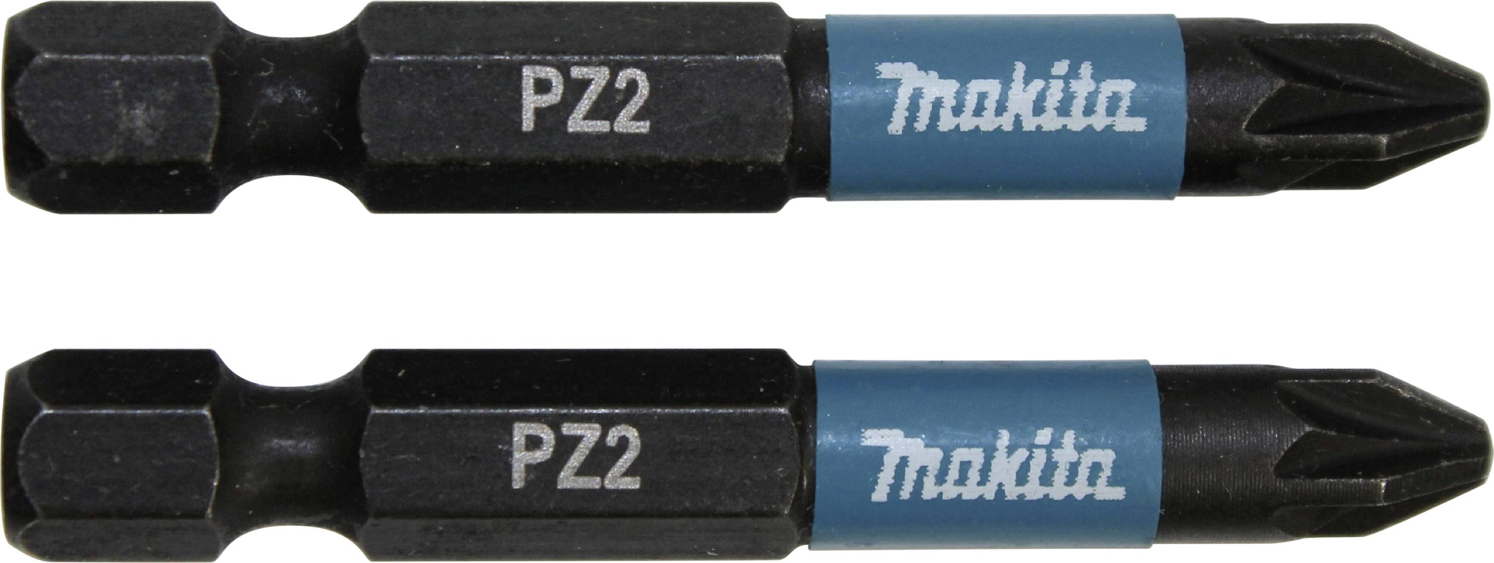 Zwei schwarze Schraubendreher-Bits mit der Aufschrift 'PZ2' und dem Markenlogo auf blauem Hintergrund.