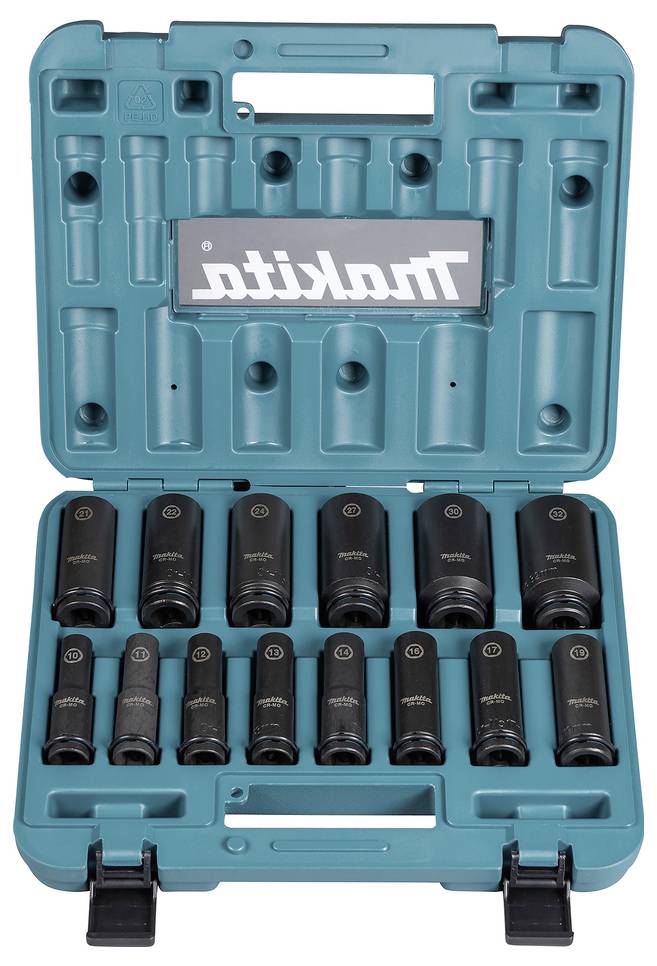 Ein türkisfarbener Makita Werkzeugkoffer, der zwölf schwarze Steckschlüssel enthält, die in drei Reihen angeordnet sind, mit einem Makita-Logo auf der Innenseite des Deckels.