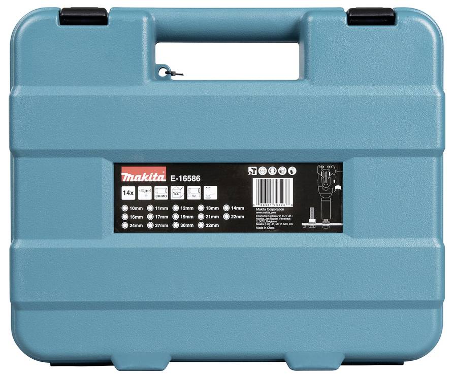 Ein türkisfarbener Werkzeugkoffer mit Griff, auf dem das Makita-Logo und Bohrereinsatzgrößen von 5 mm bis 22 mm auf dem vorderen Etikett angezeigt werden.