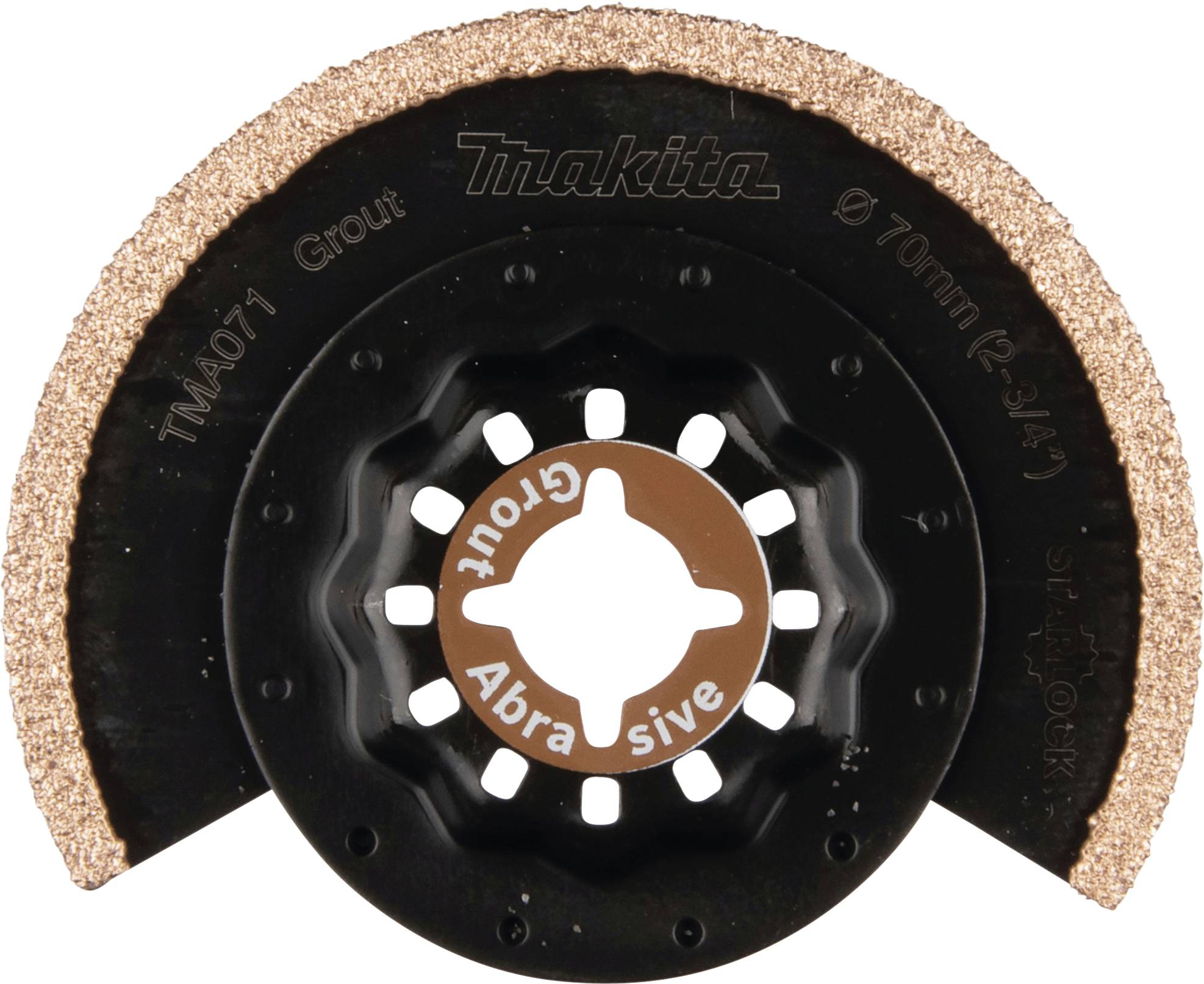 Makita Schleifscheibe, Modell TMA071, geeignet für Fugenbearbeitung. Runde, gezackte Schneiden mit kupferner Farbe.