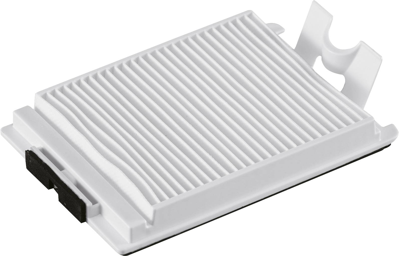 Ein rechteckiger, gerippter Filter, möglicherweise ein Luft- oder Staubfilter, liegt auf der Seite. Er hat einen weißen Kunststoffrahmen.