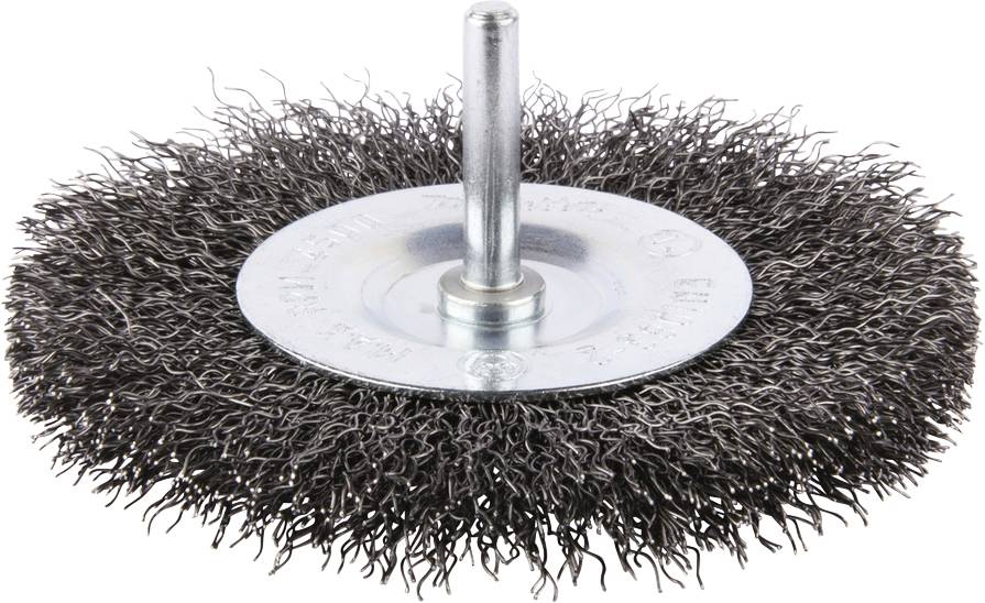 Runde Drahtbürste mit Metallborsten und zentralem Aufsatz. Geeignet für die Reinigung von Oberflächen und das Entfernen von Rost.