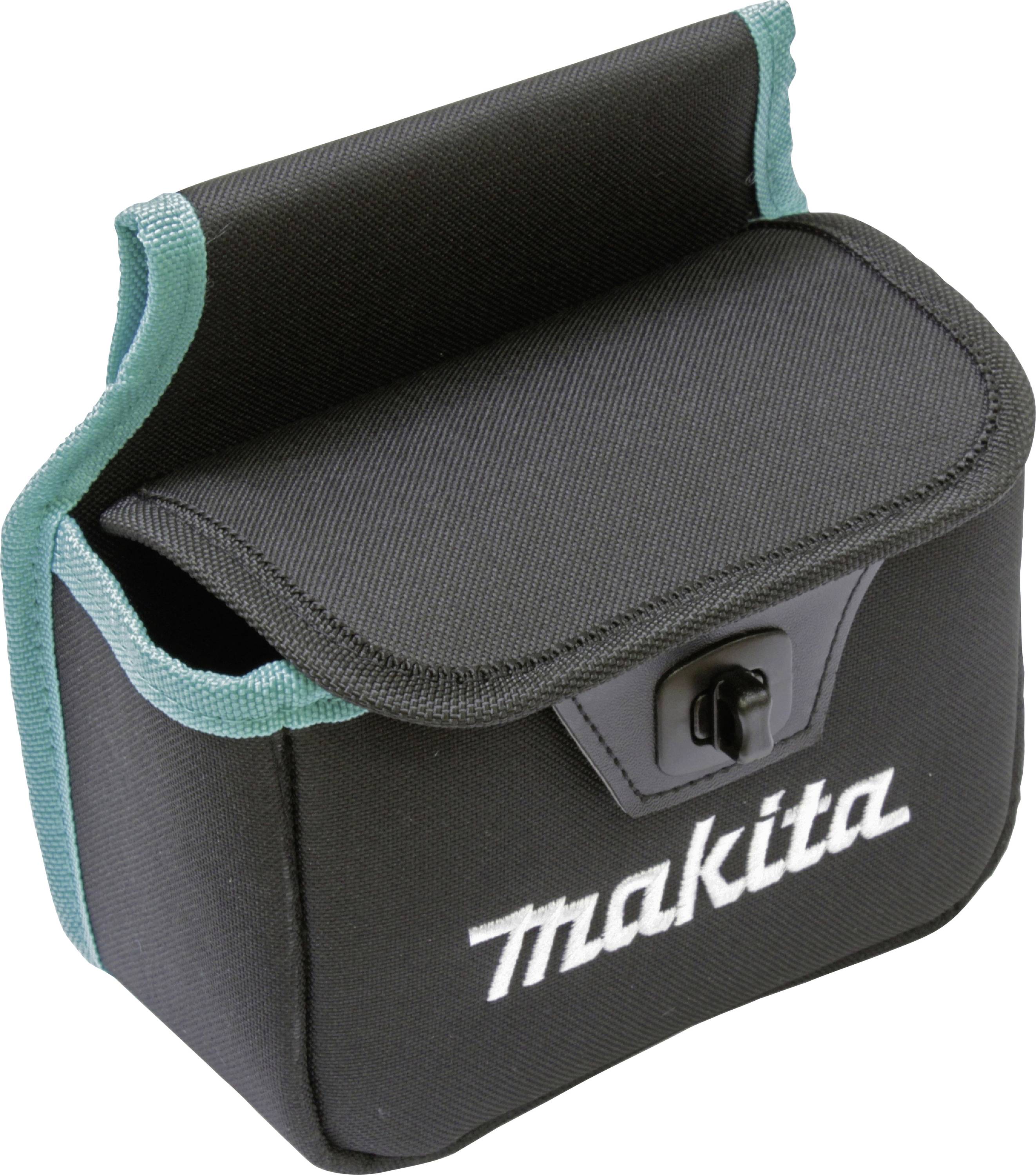 Schwarze Werkzeugtasche mit grünem Rand und weißem 'makita'-Schriftzug, Verschlussklappe oben. Design für Tragbarkeit und Schutz.