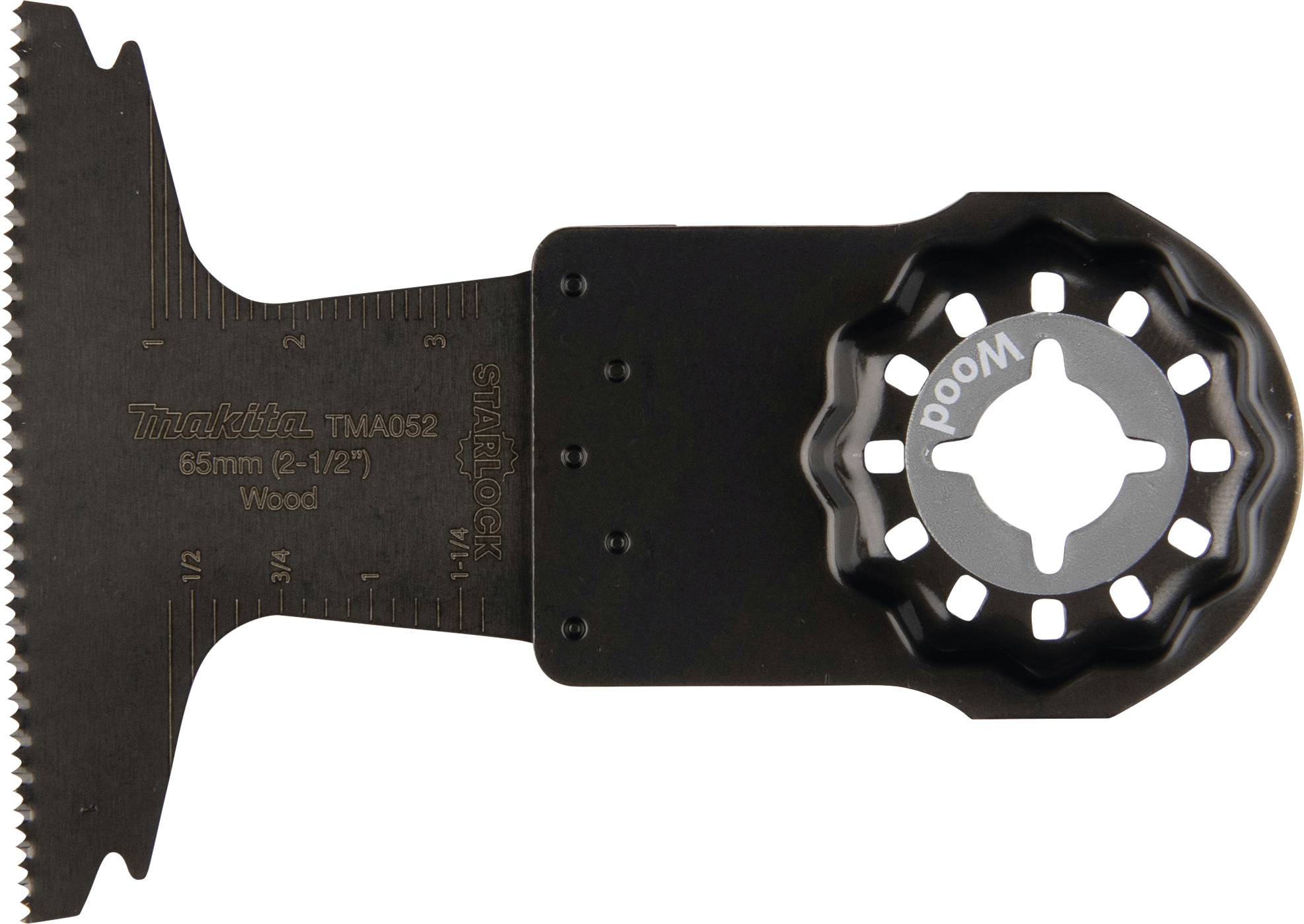 Sägeblatt für Multifunktionswerkzeuge, 65 mm Breite, geeignet für Holzarbeiten. Enthält Markierungen für präzises Schneiden.