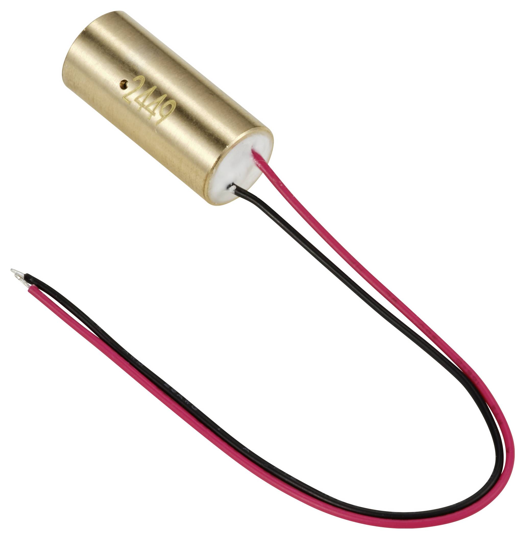 Ein kleiner zylindrischer Metall-Laser-Modul mit zwei herausragenden Drähten in Rot und Schwarz.