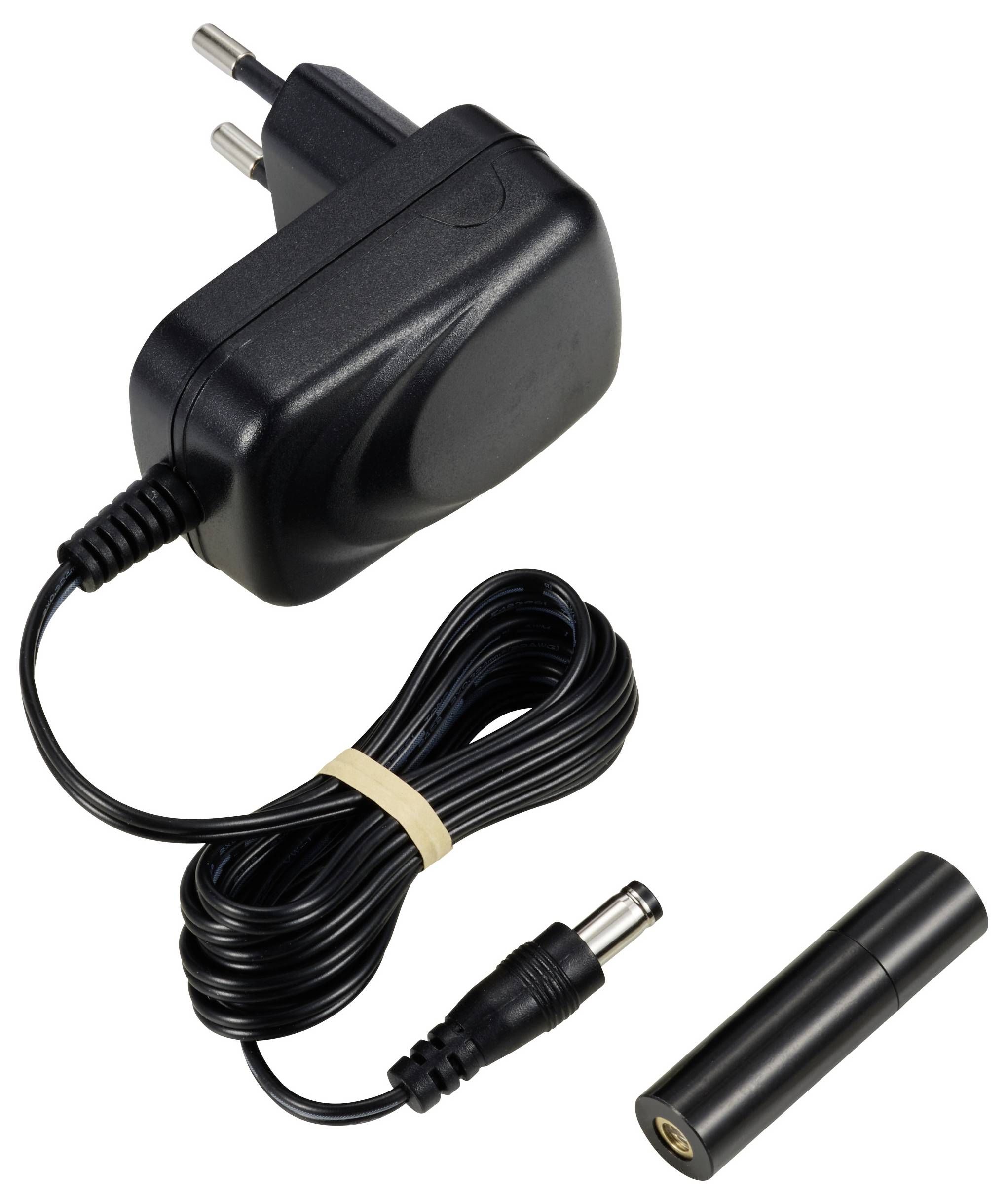 Schwarzes Netzteil mit Kabel und zylinderförmigem Adapter. Adapter ist für den Anschluss an elektronische Geräte vorgesehen.