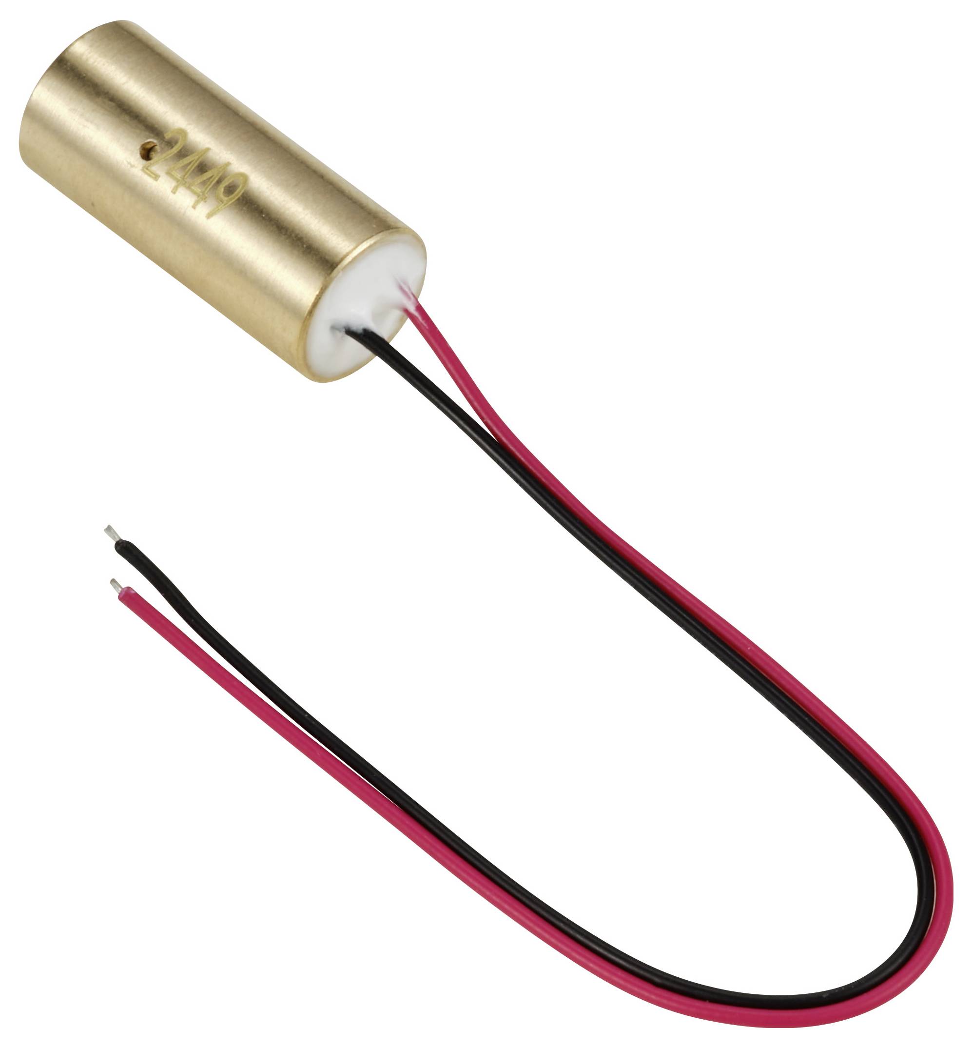 Ein zylindrischer Elektromotor mit zwei herausragenden Kabeln, eins rot und eins schwarz, deutet auf eine Stromversorgung hin.