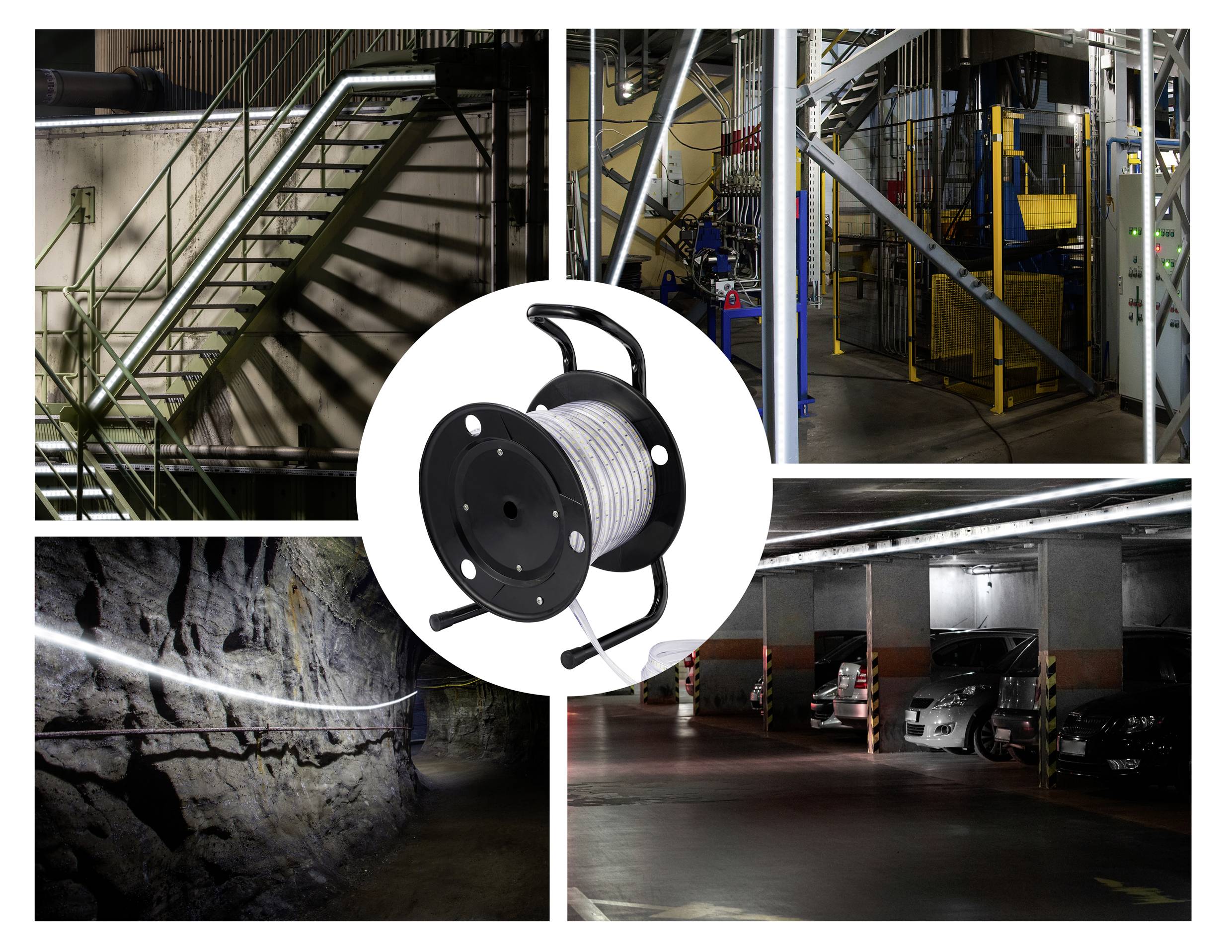 Eine Kabeltrommel wird in verschiedenen Szenarien gezeigt: an einer Treppe, in einer Werkstatt, in einem Tunnel und in einer Tiefgarage.