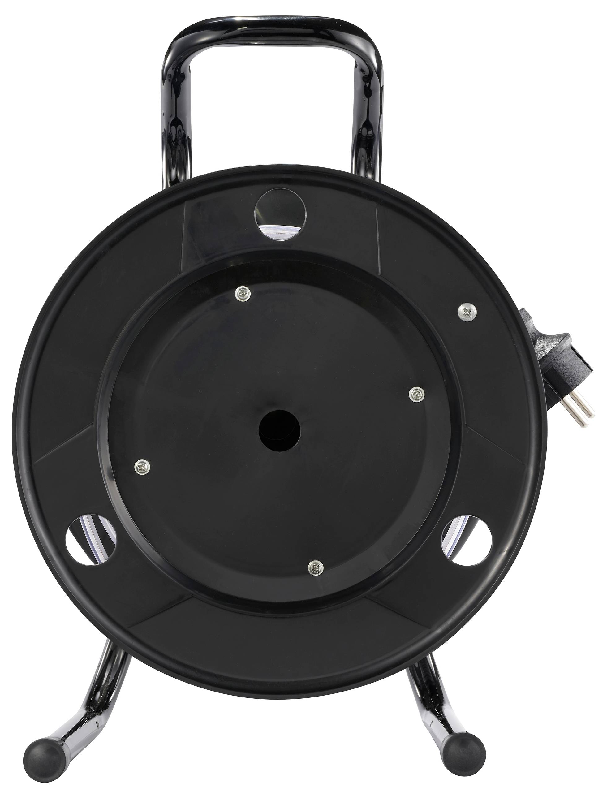 Eine schwarze Kabeltrommel mit Handgriff und Ständer, ohne sichtbares Kabel. Eignet sich zum Aufwickeln und Verstauen von Kabeln.