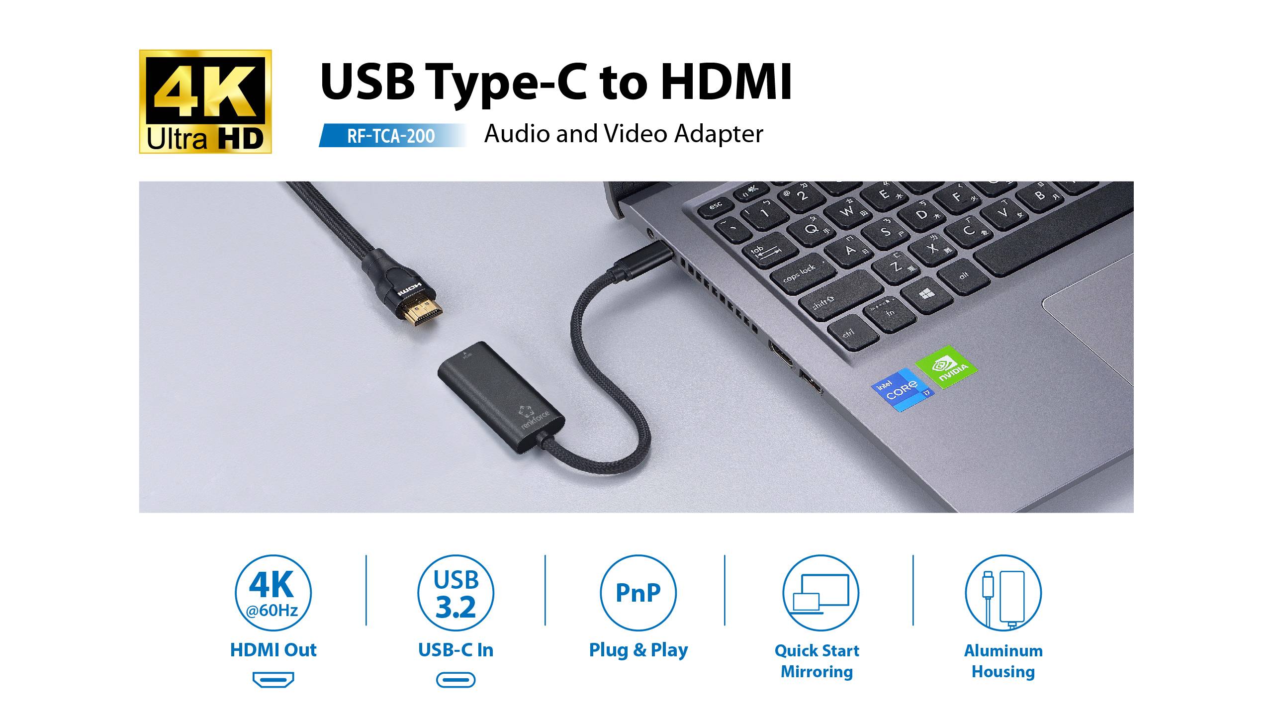Renkforce RF-6700428 USB-C® / HDMI Adapter [1x USB-C® Stecker - 1x HDMI-Buchse] Schwarz 15cm
