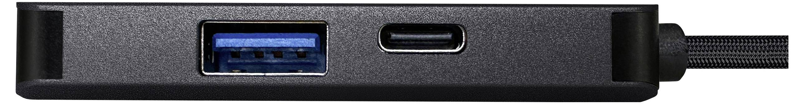 Ein schwarzer Adapter mit einem USB-A und einem USB-C Anschluss, der zur Verbindung von Geräten verwendet wird.