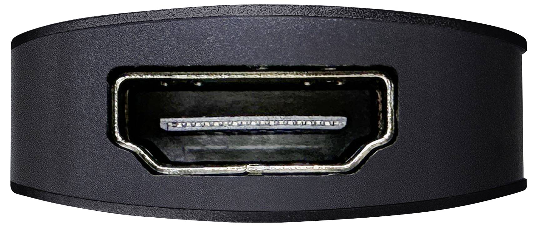 Nahaufnahme eines HDMI-Anschlusses an einem schwarzen Gerät. Der Anschluss hat eine rechteckige Form mit abgerundeten Kanten.