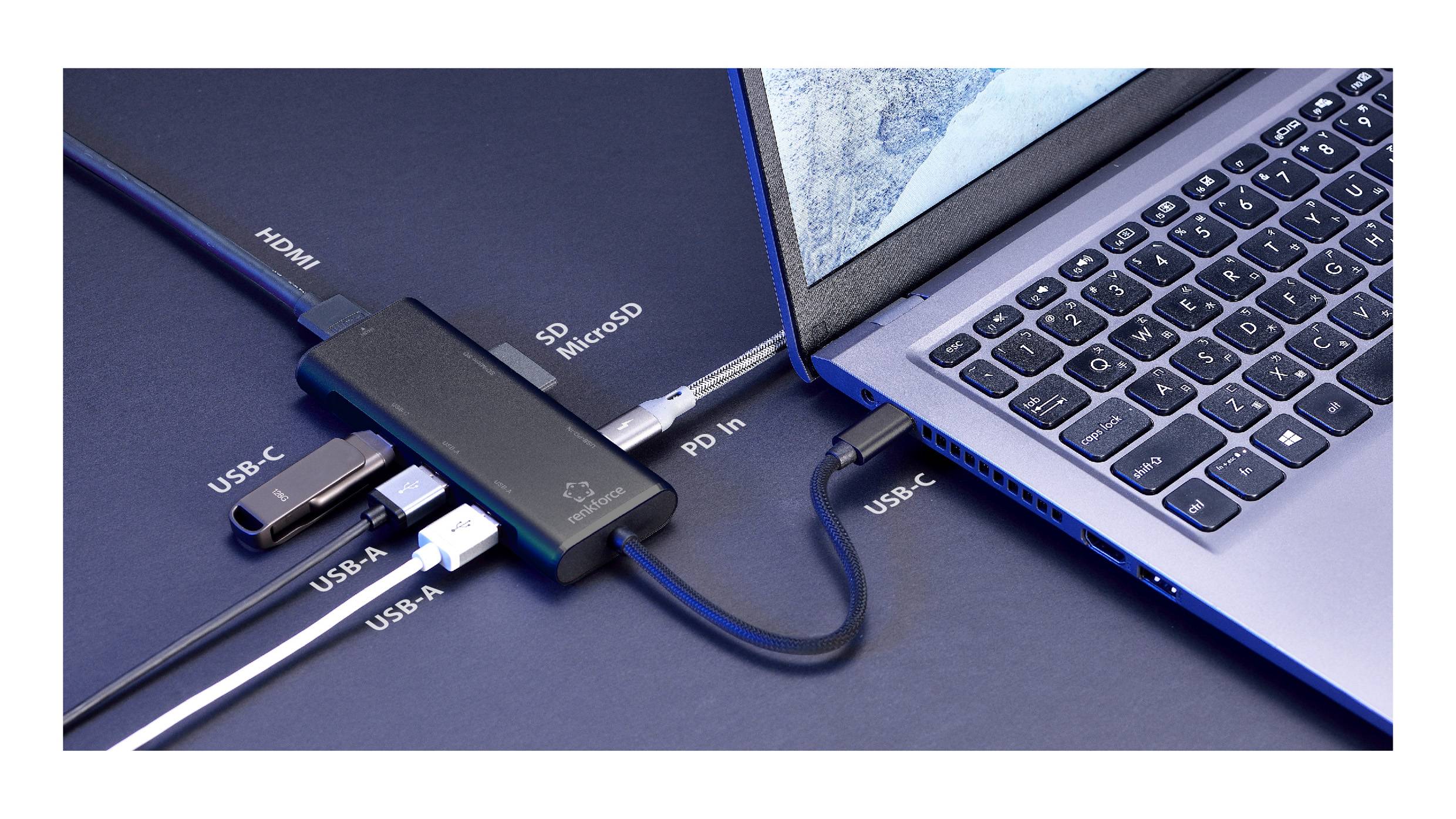 Ein Laptop ist mit einem Mehrfachanschluss-Hub verbunden. Der Hub verfügt über HDMI-, USB-C-, USB-A- und Kartenleser-Anschlüsse, die mit Bezeichnungen für jeden Anschluss versehen sind.