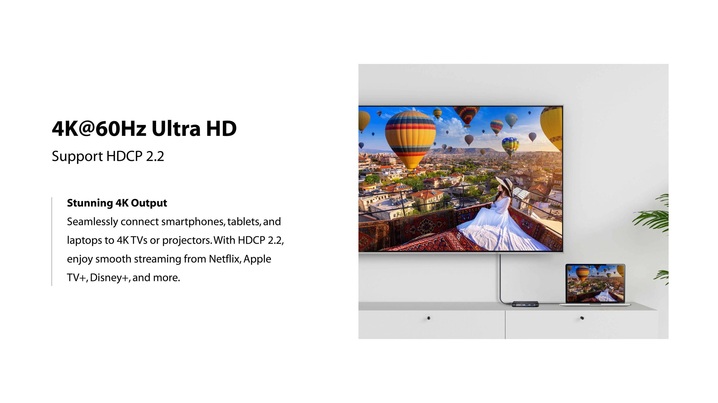 4K Fernseher zeigt ein Bild von Heißluftballons über einer Stadt. Text beschreibt 4K bei 60Hz, kompatibel mit Netflix, Apple TV, HDCP 2.2.