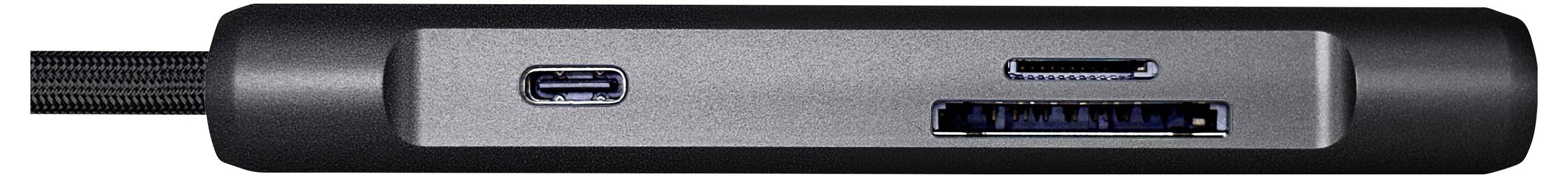 Ein schwarzer Adapter mit drei Anschlüssen: USB-C, HDMI und USB-A. Der Adapter ist in einem schlichten Gehäuse untergebracht.