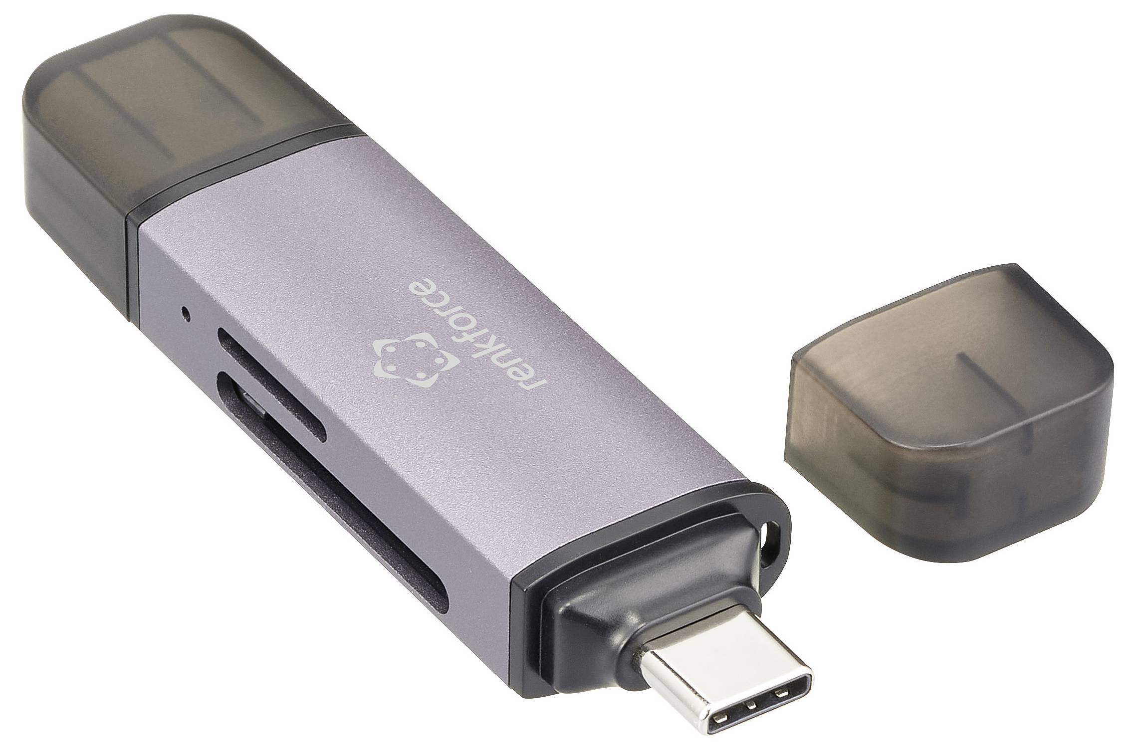 Ein USB-Stick mit USB-C-Anschluss, lila Gehäuse und abnehmbarem Schutzkappe, geeignet für Datenspeicherung und -übertragung.
