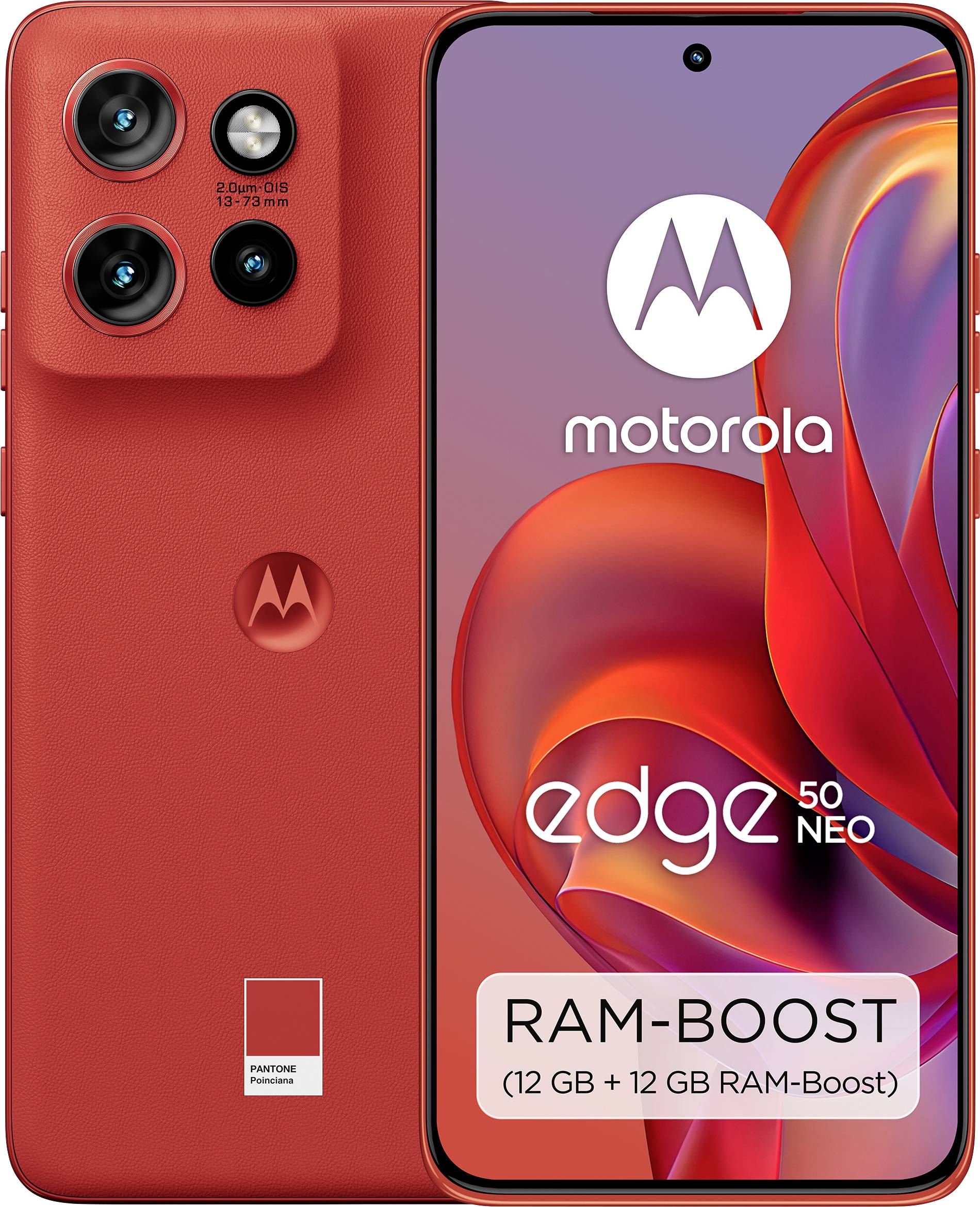 Rotes Smartphone Motorola Edge 50 Neo mit Triple-Kamera. Auf dem Bildschirm steht 'RAM-Boost (12 GB + 12 GB RAM-Boost)'.