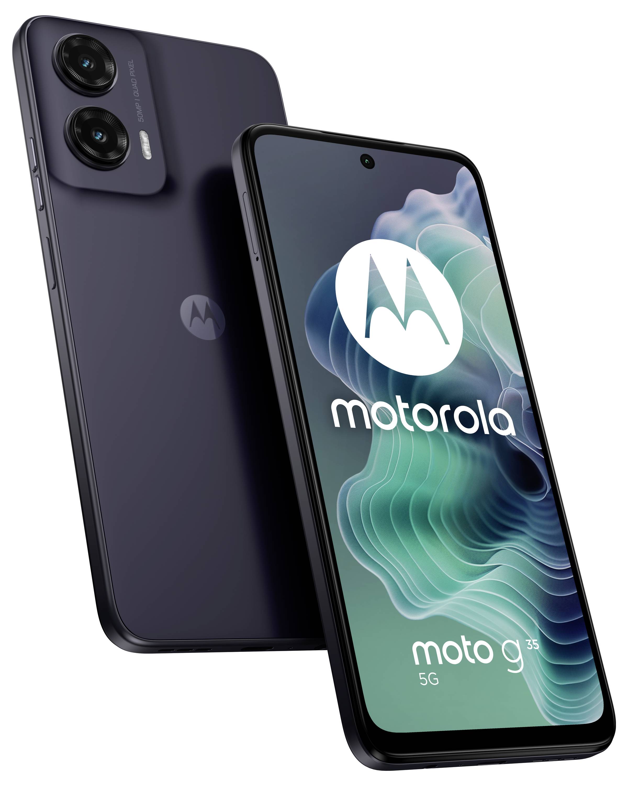 Zwei Smartphones von Motorola in schwarz. Eins zeigt das Display mit dem Logo und Modell 'moto g 5G', das andere zeigt die Rückseite mit Dual-Kamera.