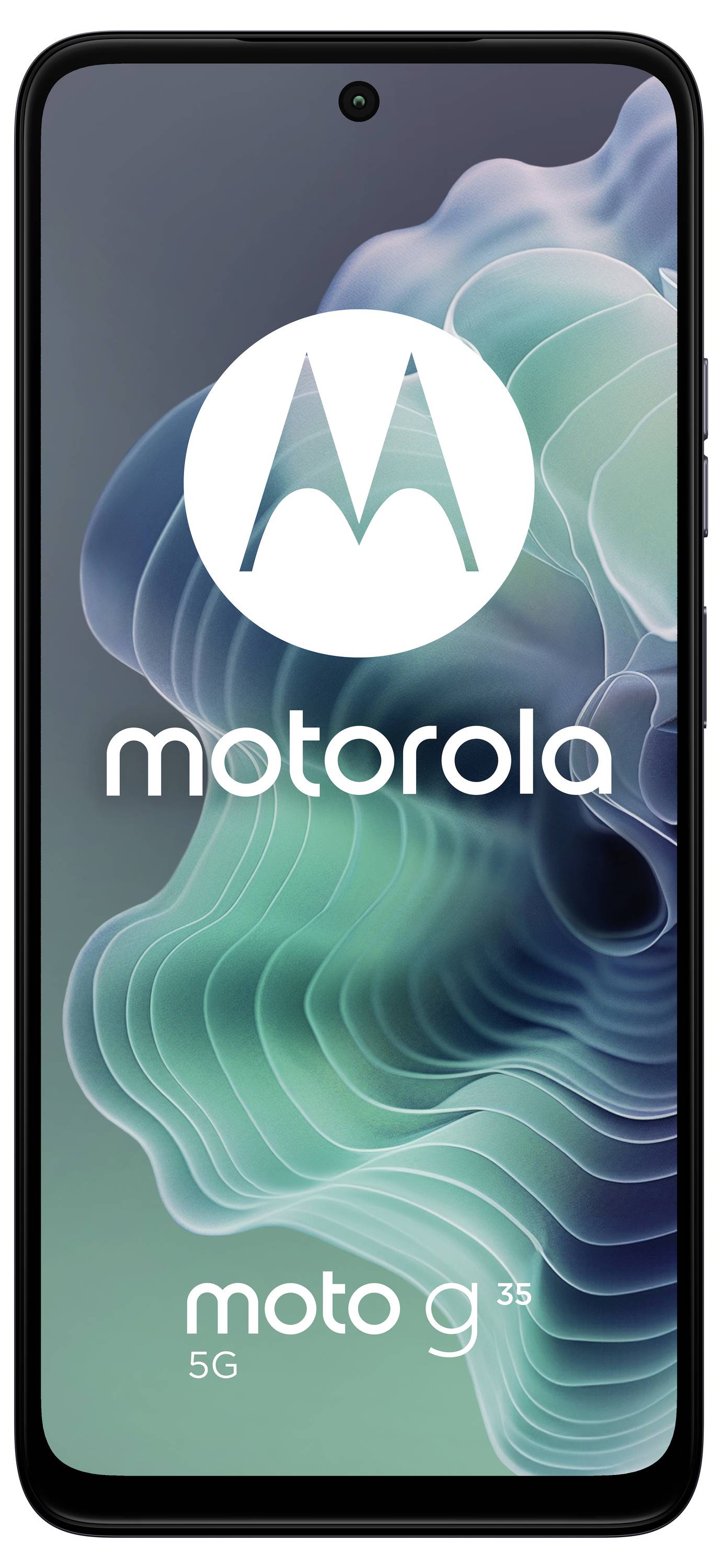 Smartphone mit Motorola-Logo und Schriftzug 'moto g 5G' auf dem Display, zeigt abstrakte blaue und grüne Wellen im Hintergrund.