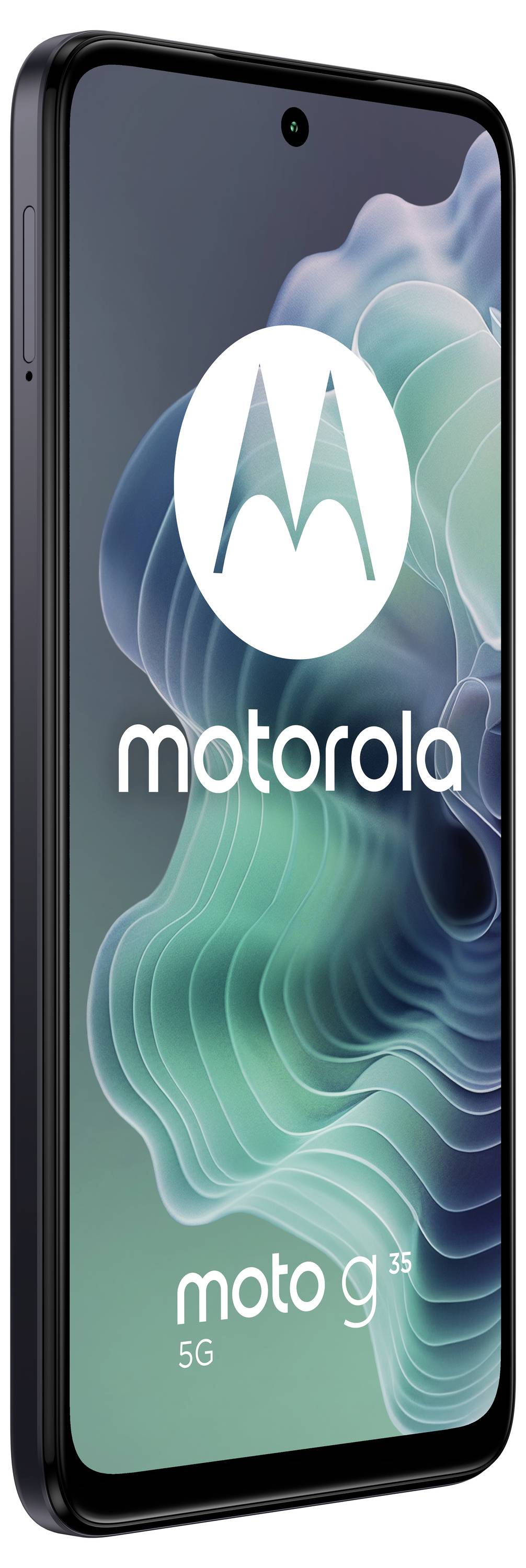 Smartphone von Motorola mit der Aufschrift 'moto g 5G'. Vorderansicht zeigt Bildschirm mit Markenlogo und abstraktem Hintergrund.