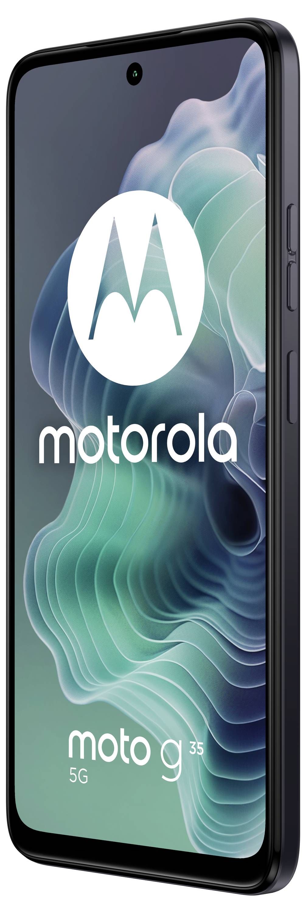 Smartphone Motorola moto g 53 5G in Schwarz mit abstraktem Hintergrund auf dem Display und großem Motorola-Logo darüber.