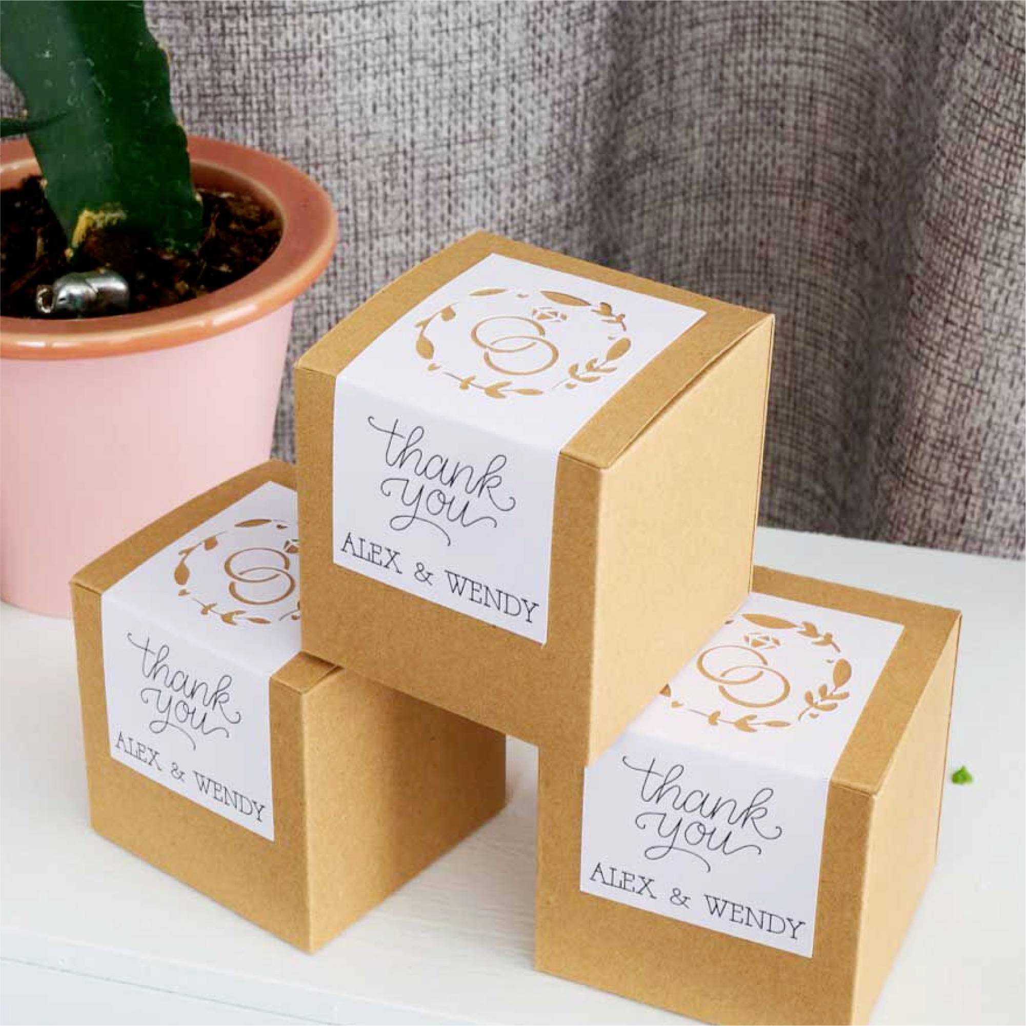 Drei braune Geschenkboxen mit dem Aufdruck 'thank you, Alex & Wendy' in einer Wohnung neben einem Blumentopf aufgestellt.