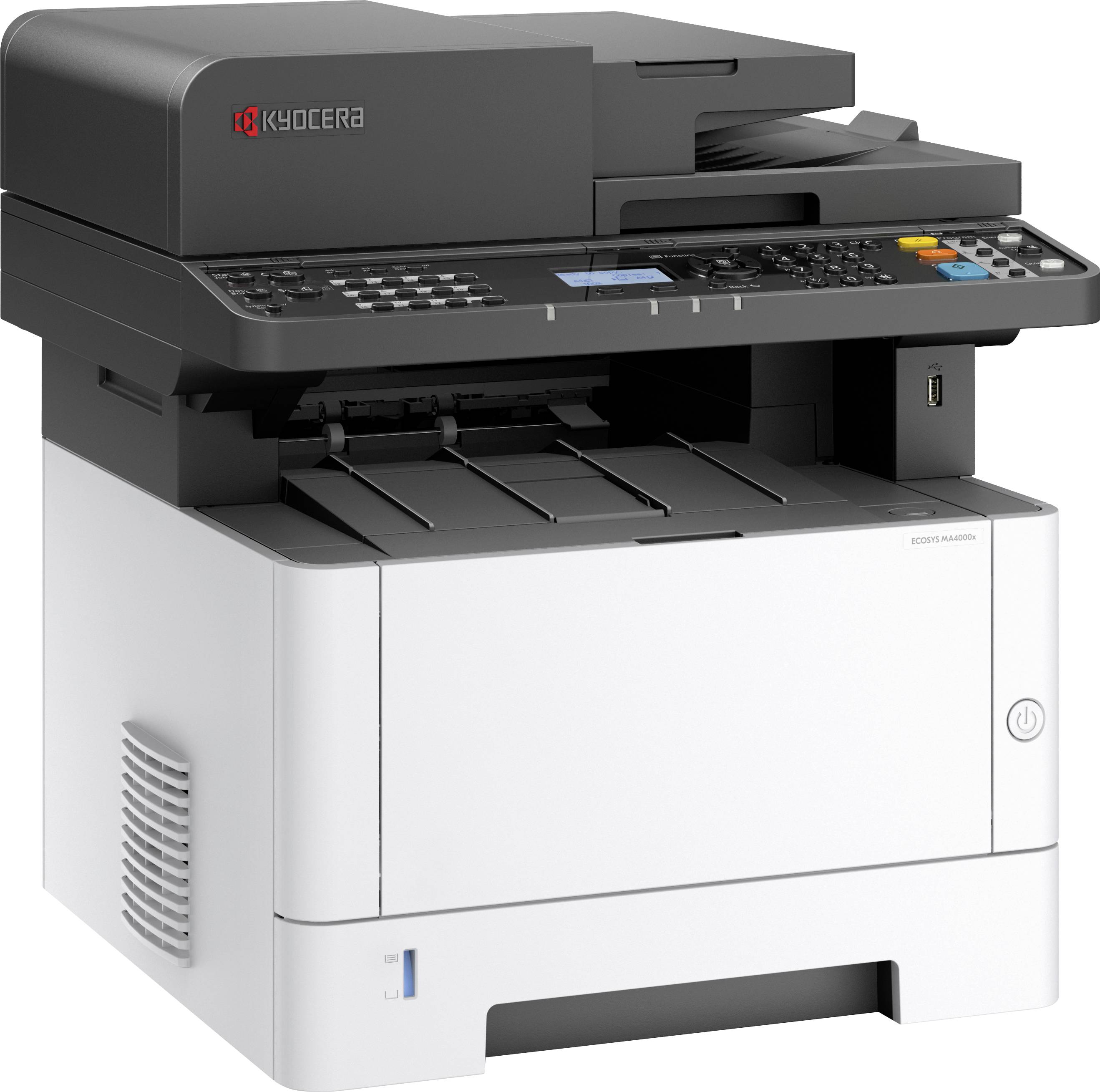 Ein Multifunktionsdrucker mit Display und Tastenfeld für Drucken, Scannen und Kopieren. Der Drucker ist Schwarz-Weiß.