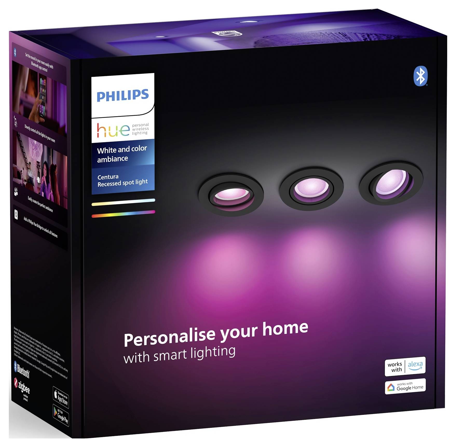 Eine Verpackung von Philips Hue Centura Einbauleuchten, zeigt drei pink leuchtende Lichter. Text: 'Personalise your home with smart lighting'. Kompatibel mit Alexa und Google Assistant.