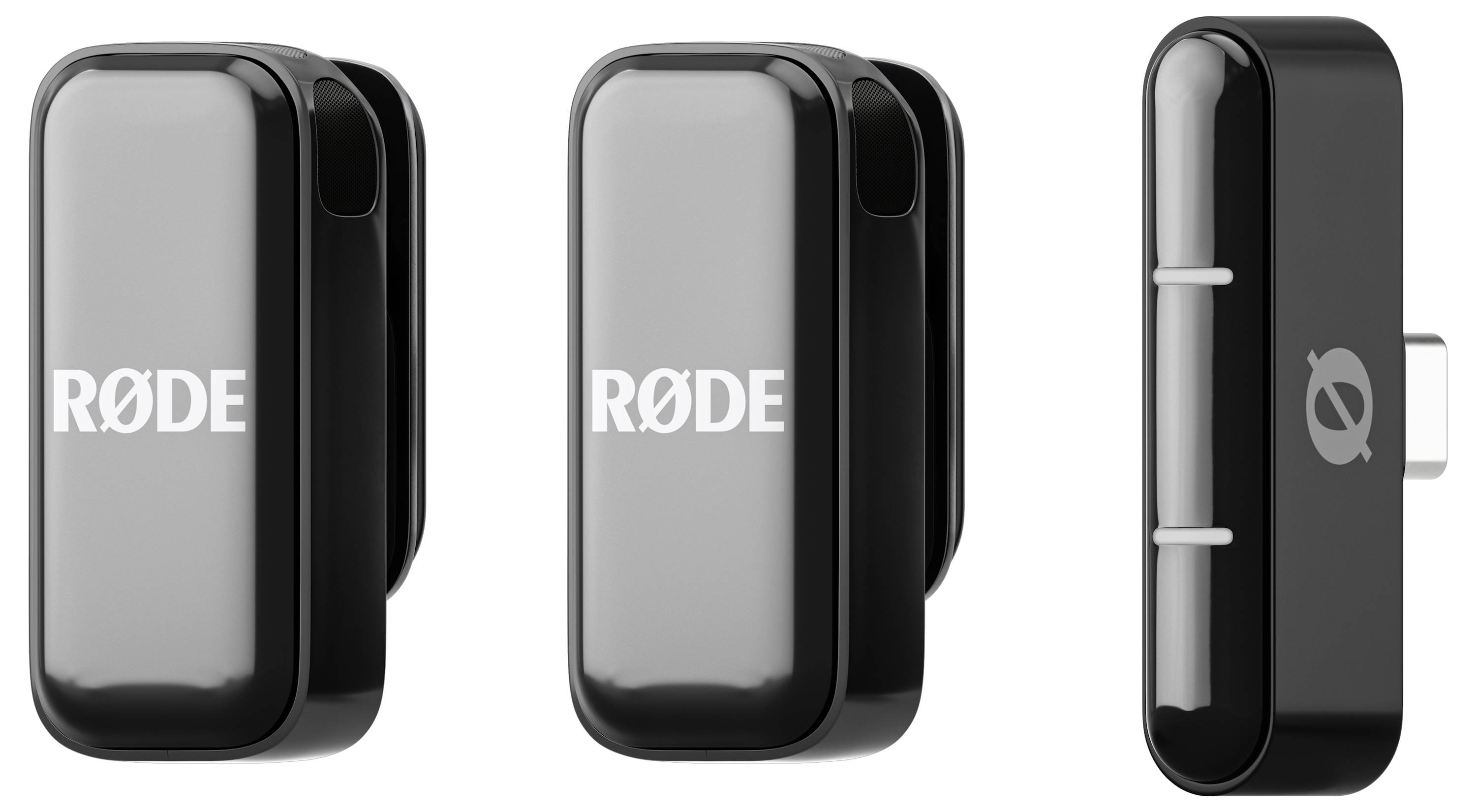 Drei schwarze, rechteckige Mikrofone mit dem Logo 'RØDE' auf der Vorderseite, in unterschiedlichen Perspektiven gezeigt.