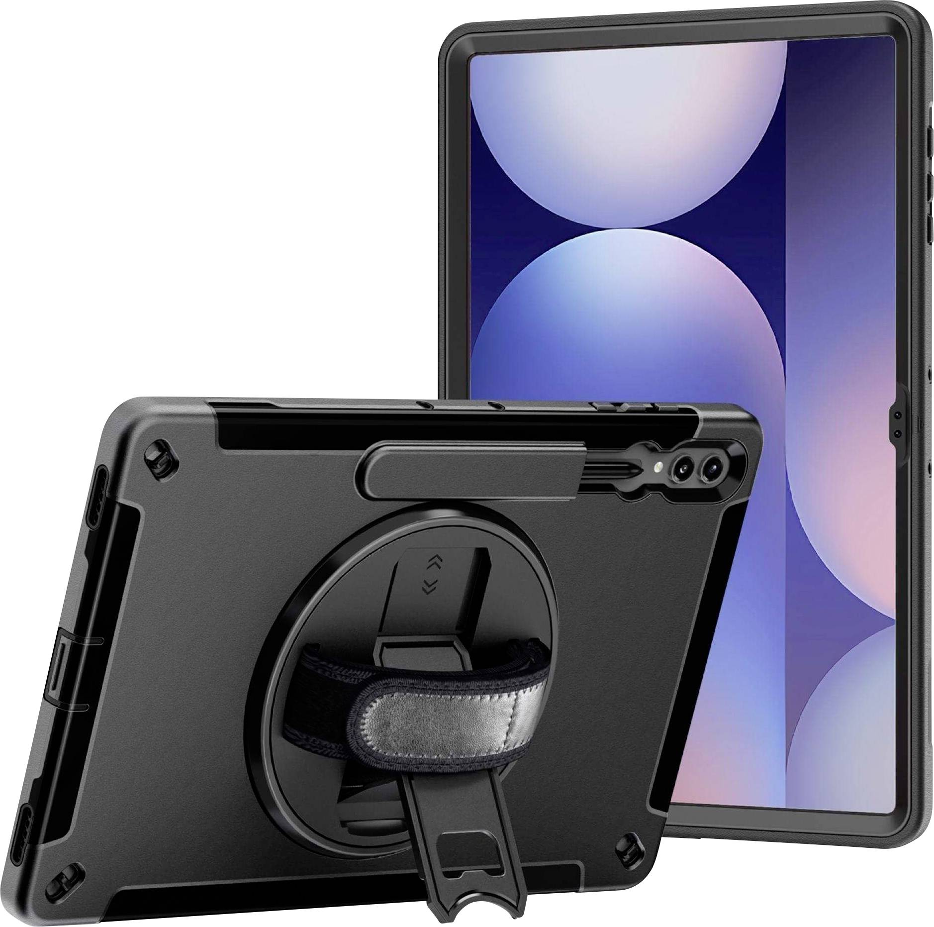 Ein schwarzes Tablet in einer Schutzhülle mit Griff und Ständer. Der Bildschirm zeigt ein abstraktes Design mit Kreisen.