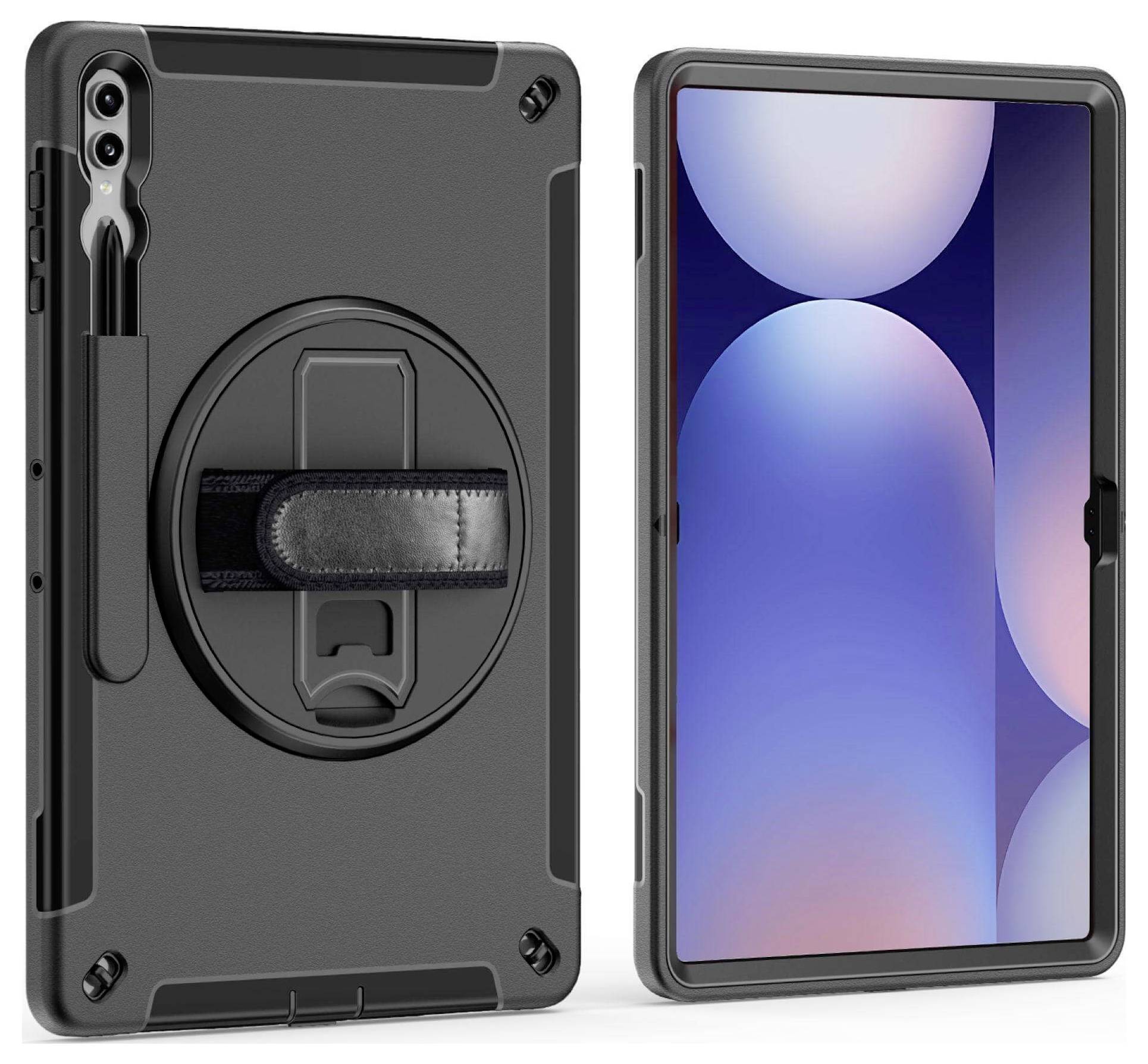 Tablet in schwarzer Schutzhülle mit Ständer. Bildschirm zeigt ein abstraktes, blau-pinkes Muster mit kreisförmigen und rechteckigen Formen.