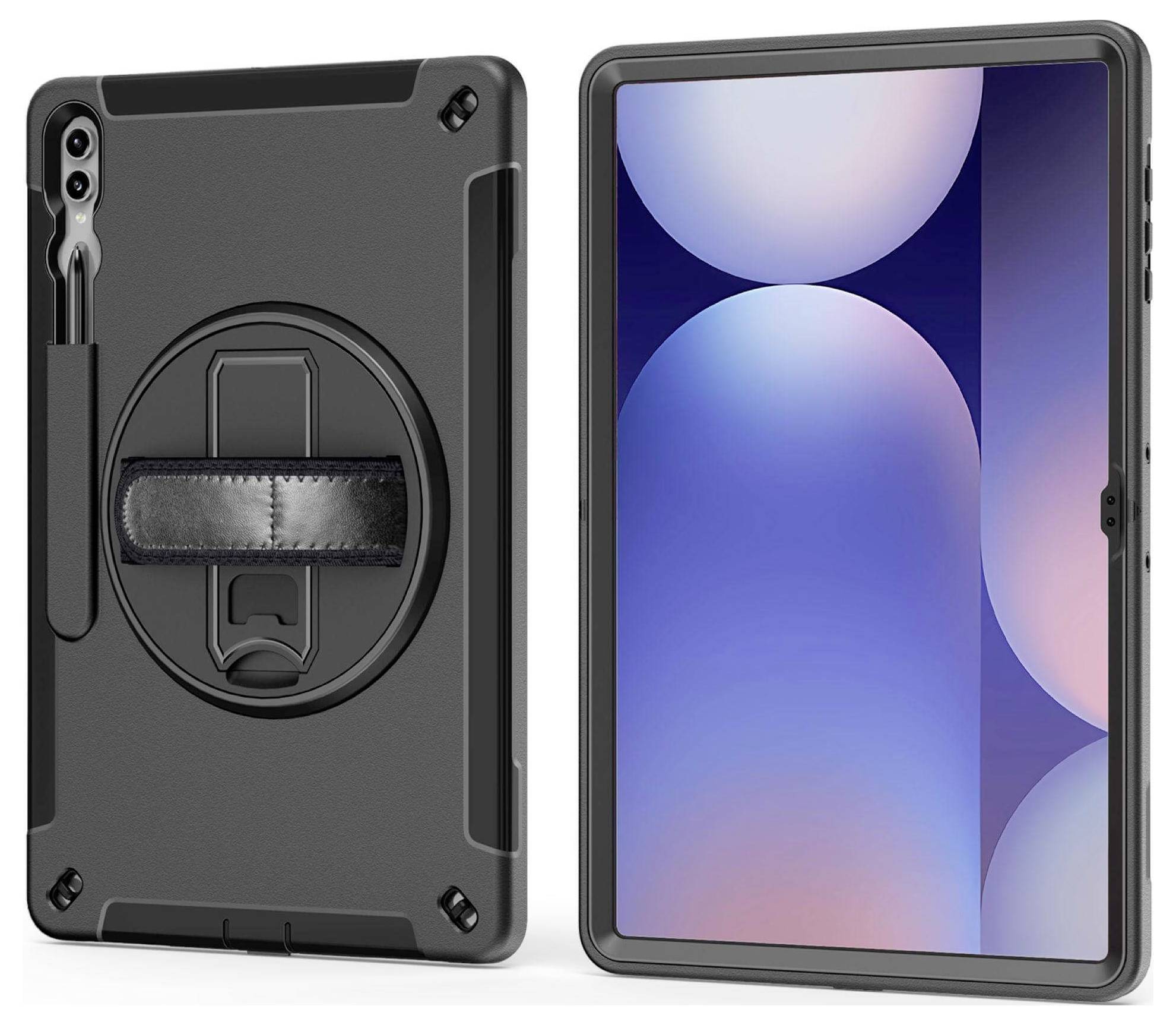 Tablet mit robustem schwarzem Schutzgehäuse. Rückseite mit drehbarem Ständer und Tragegriff. Vorderseite zeigt einen bunten Bildschirm.