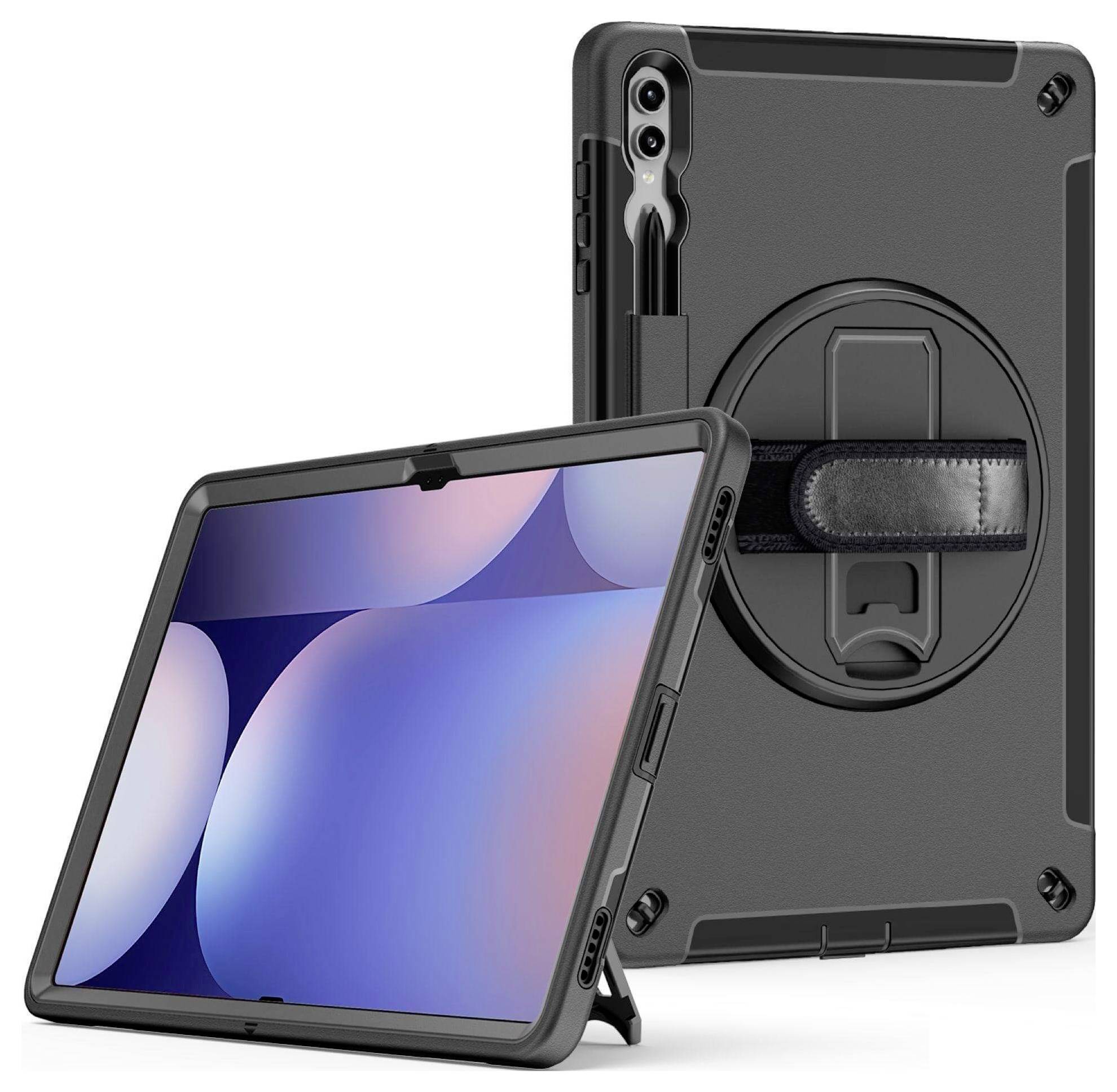Tablet in schwarzer, robuster Hülle mit Standfuß und Stifthalter, Vorder- und Rückseite sichtbar.