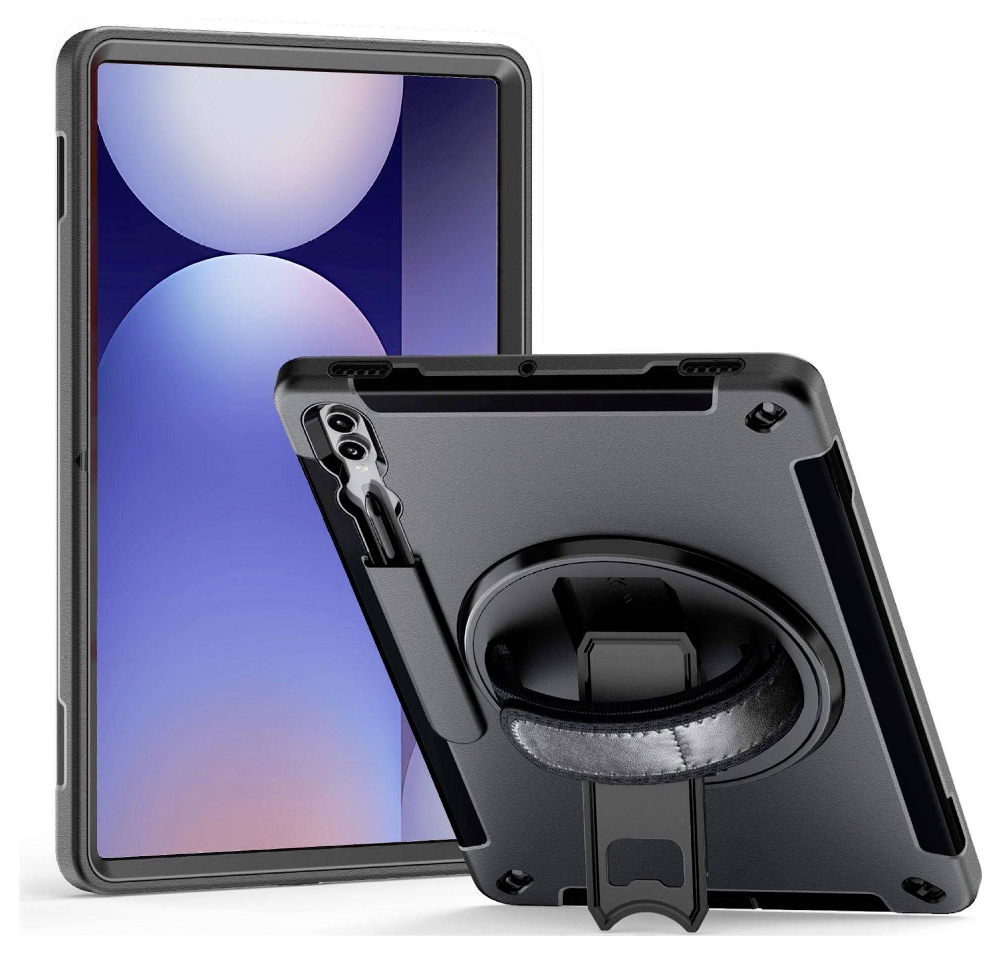 Schutzhülle für Tablet mit eingebautem Ständer, Rück- und Vorderansicht.  Ideal zum sicheren Aufstellen des Tablets bei der Nutzung.