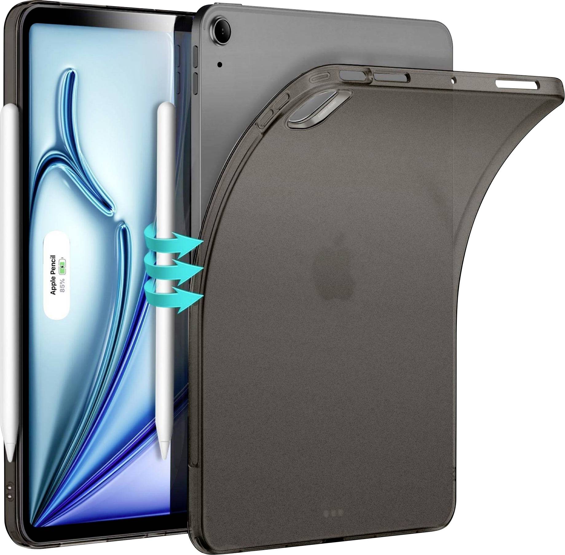 Tablet mit transparentem Gehäuse, zeigt den Schutz der Rückseite und die magnetische Befestigung eines Stifts an der Seite des Bildschirms.