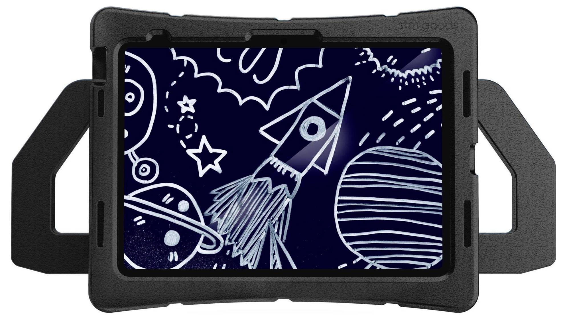 Ein Tablet mit einer Zeichnung von Raketen und Planeten auf dem Bildschirm, dargestellt in einem kindlichen, animierten Stil.