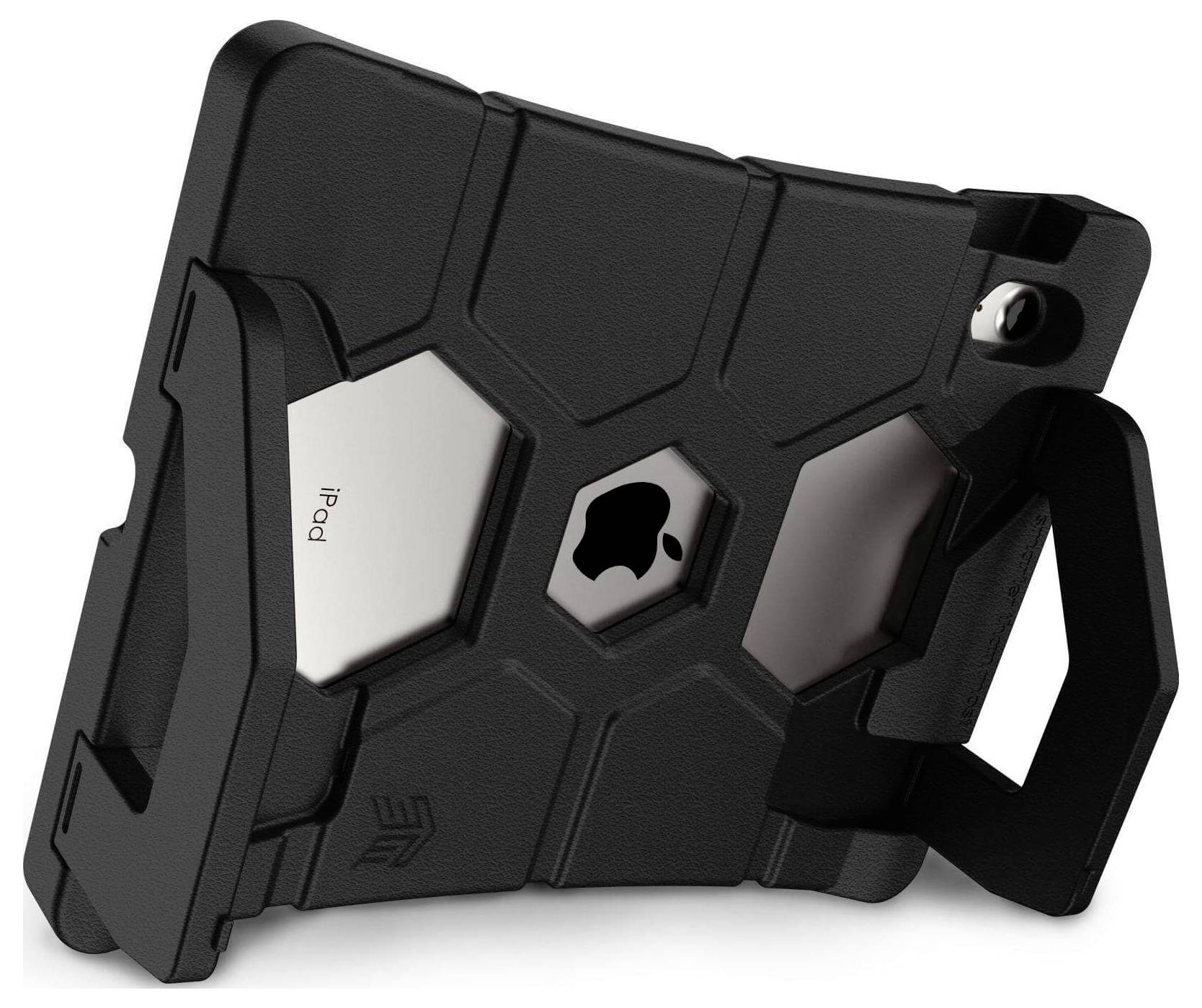 Ein iPad in einer robusten schwarzen Schutzhülle mit Ständer und Griff, ideal für sicheren Halt und Stoßschutz.