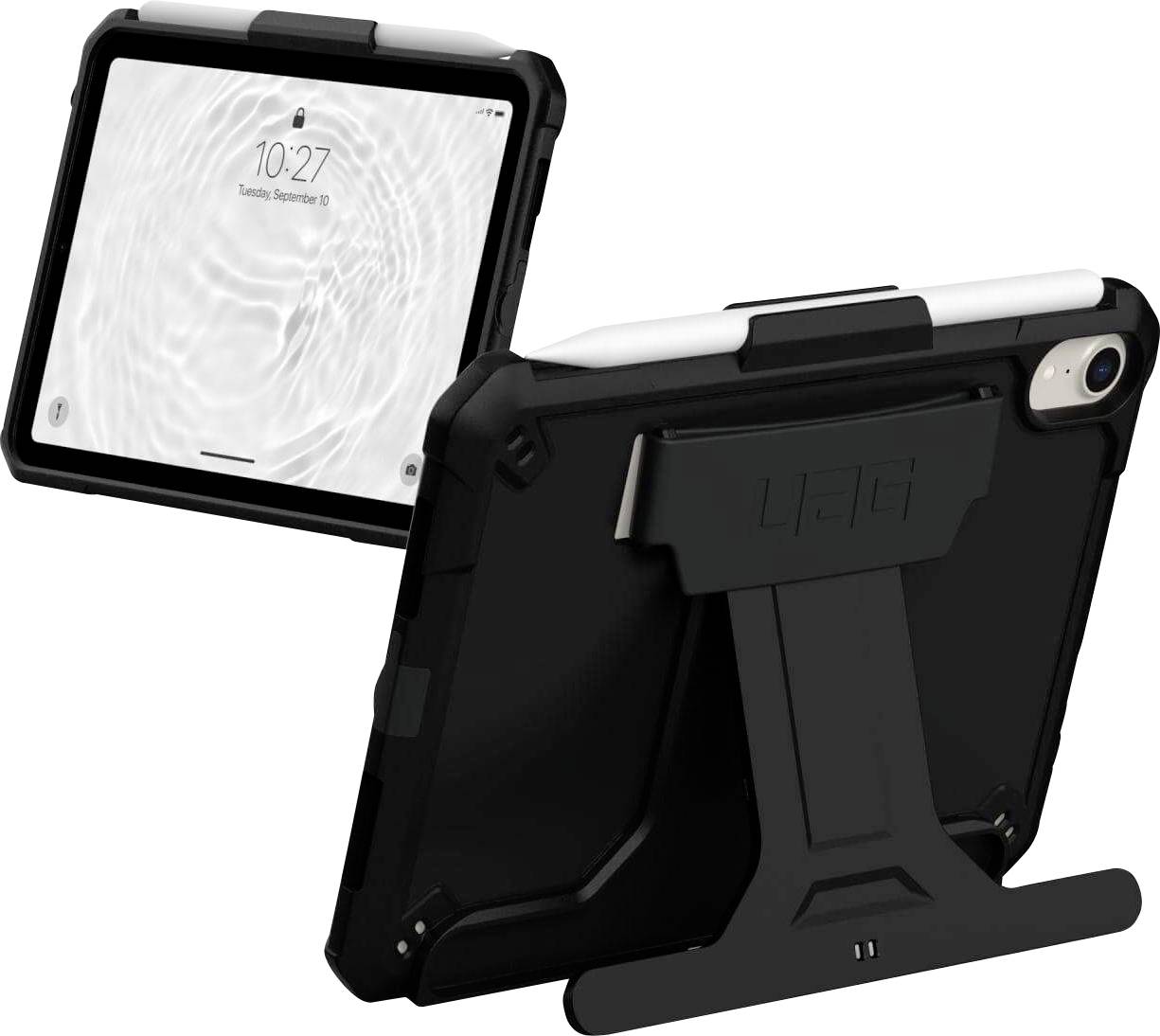 Tablet mit robustem schwarzen Gehäuse und Ständer, Display zeigt Wassertropfendesign. Rückseite zeigt abklappbaren Ständer.