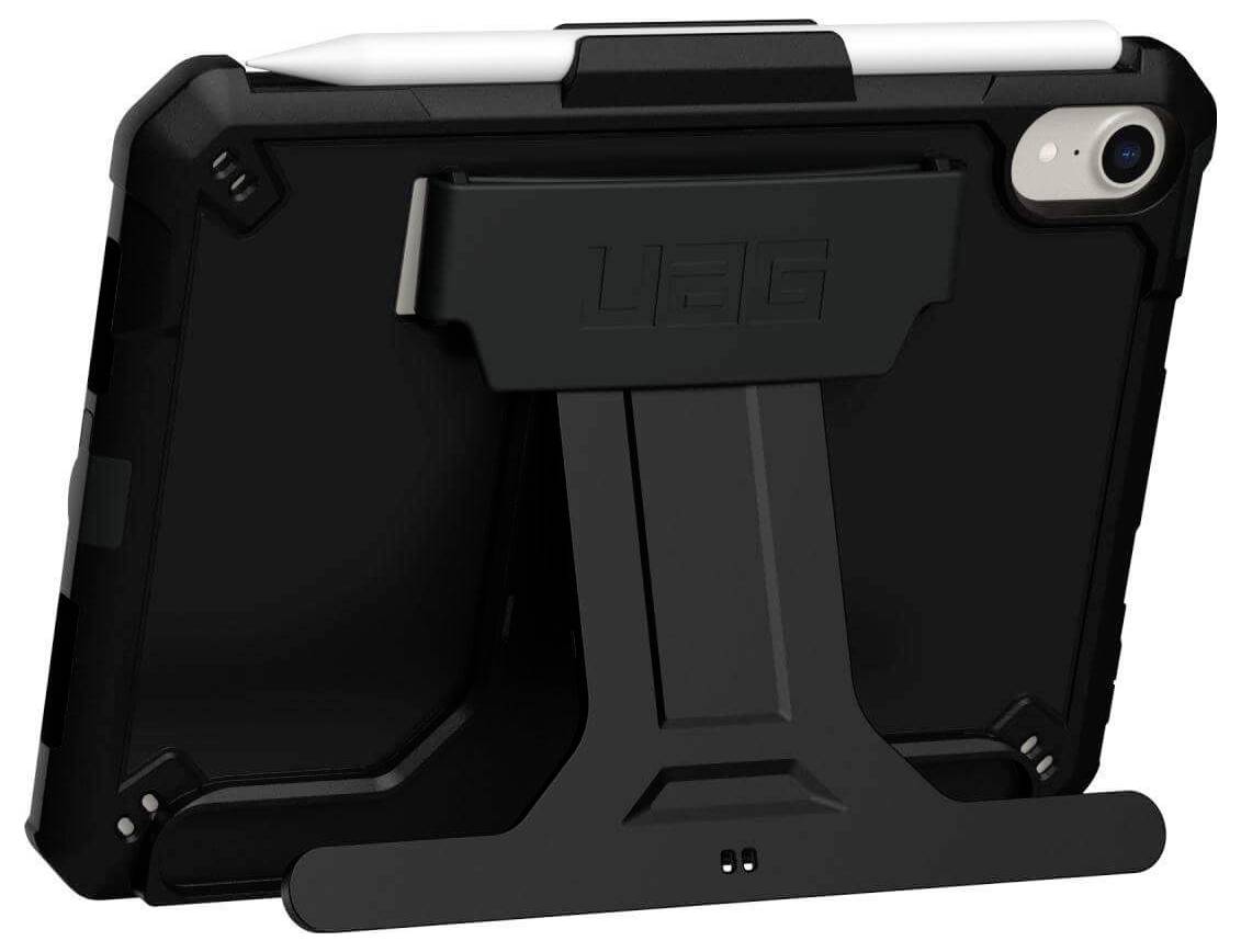 Tablet in robuster schwarzer Hülle mit eingebautem Ständer und Stylus-Halterung. Ideal für stabilen Halt und praktisches Arbeiten.