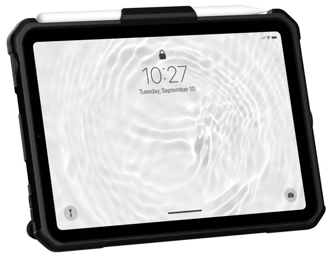 Ein Tablet mit einem wellenförmigen Wassermuster auf dem Bildschirm zeigt die Uhrzeit 10:27 und das Datum Dienstag, 10. September an.