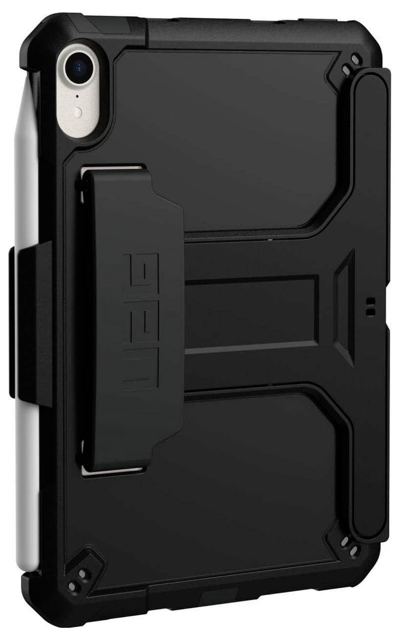 Ein schwarzes, robustes iPad-Case mit verstärkten Ecken und einem klappbaren Ständer, geeignet für zusätzlichen Schutz.