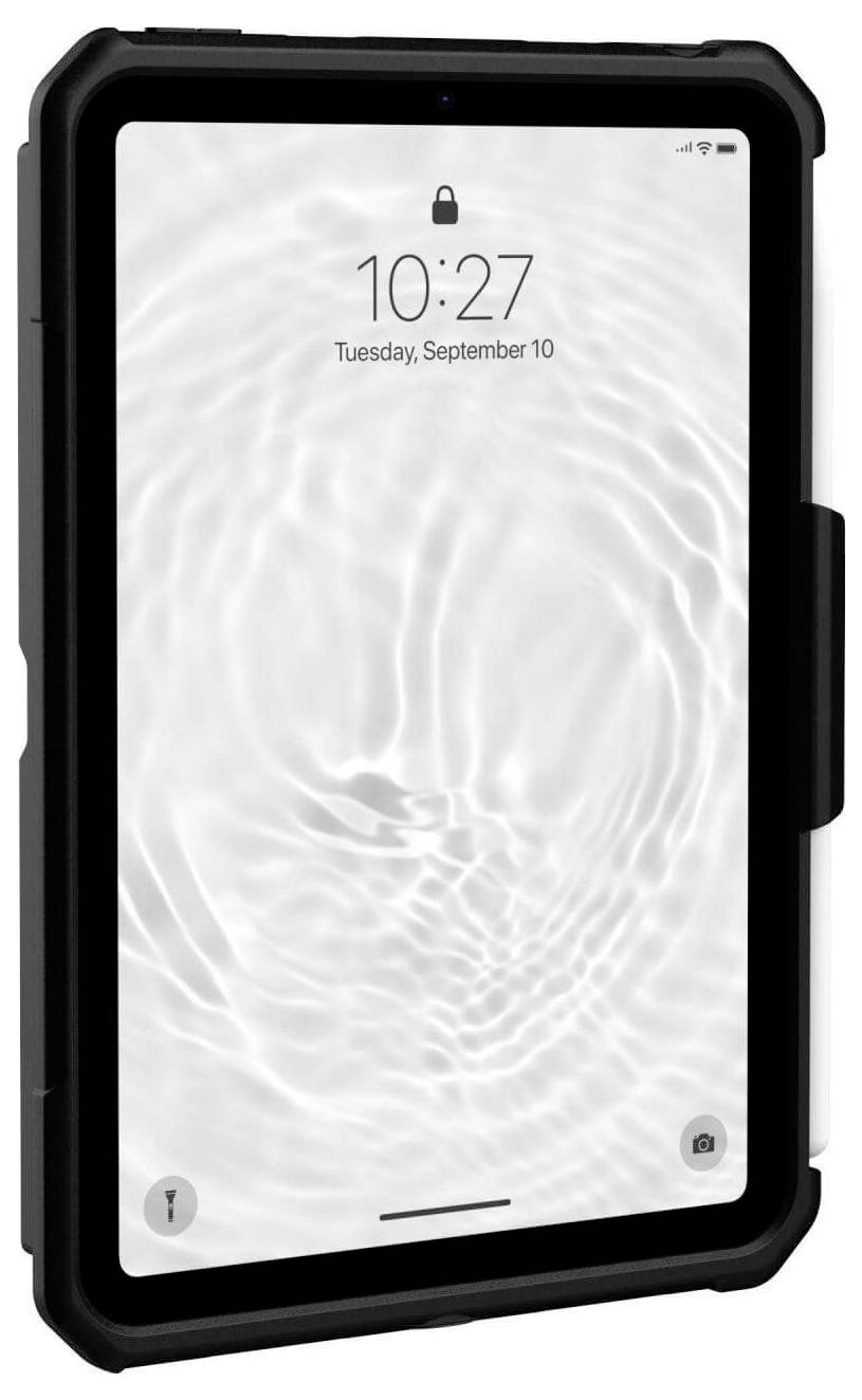 Das Bild zeigt ein schwarzes Tablet mit robustem Gehäuse, das Uhrzeit 10:27 und Datum 'Dienstag, 10. September' auf dem Bildschirm anzeigt.