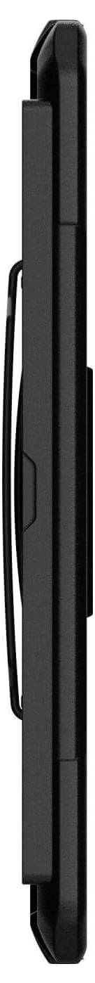 Seitenansicht eines schwarzen, tragbaren Tablets oder Laptops mit angestecktem Stift.