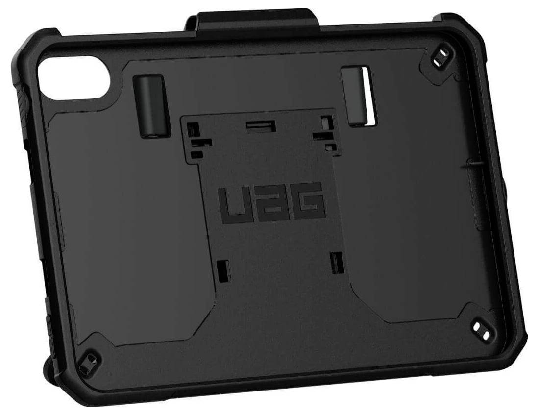 Schwarze UAG-Schutzhülle für ein Tablet, mit robustem Design und Halterung zur horizontalen Ausrichtung.