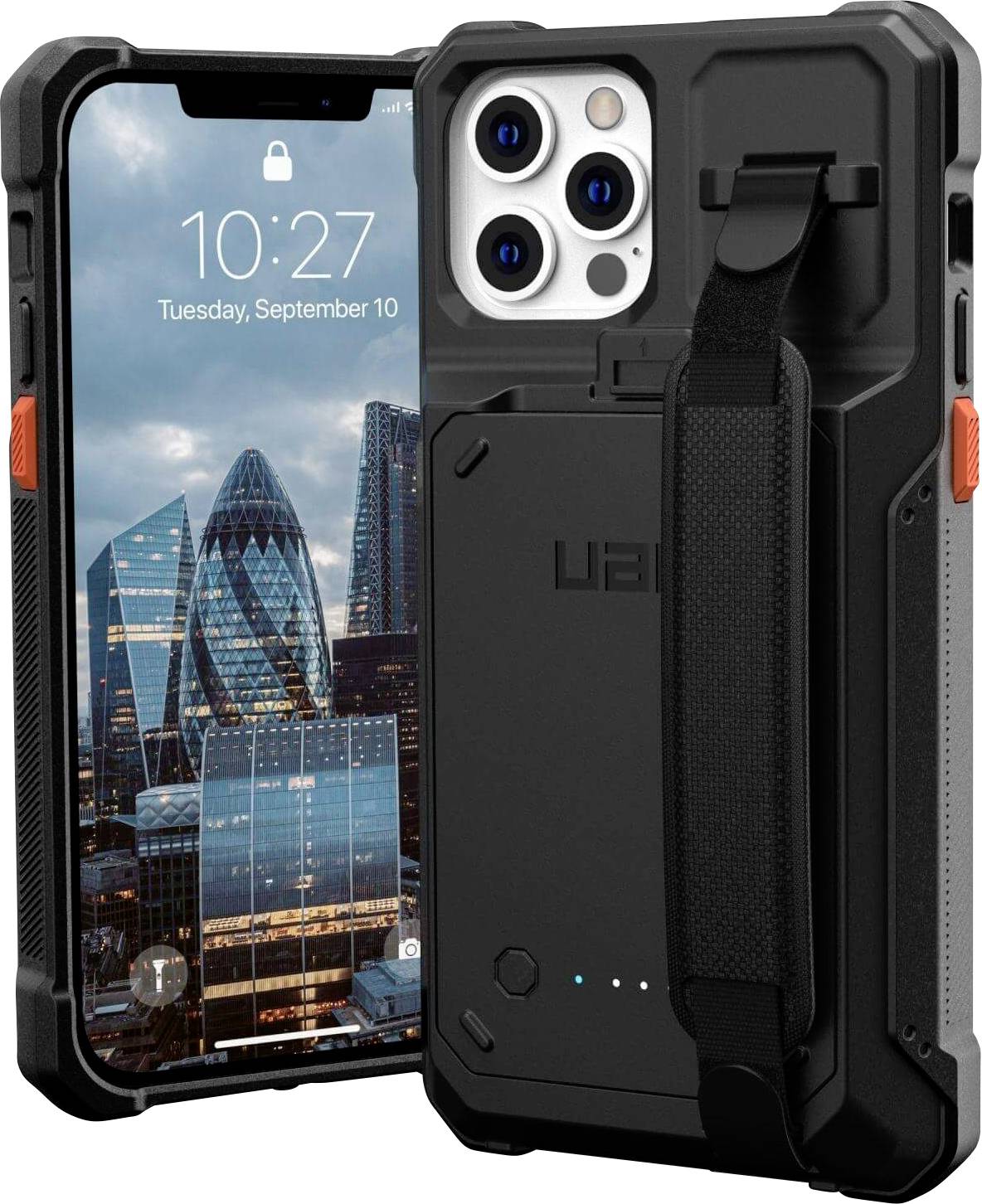 Robustes Smartphone-Gehäuse mit Display und Kameraaussparung, integriertem Ständer und Batterieanzeige. Hochhäuser im Hintergrund.