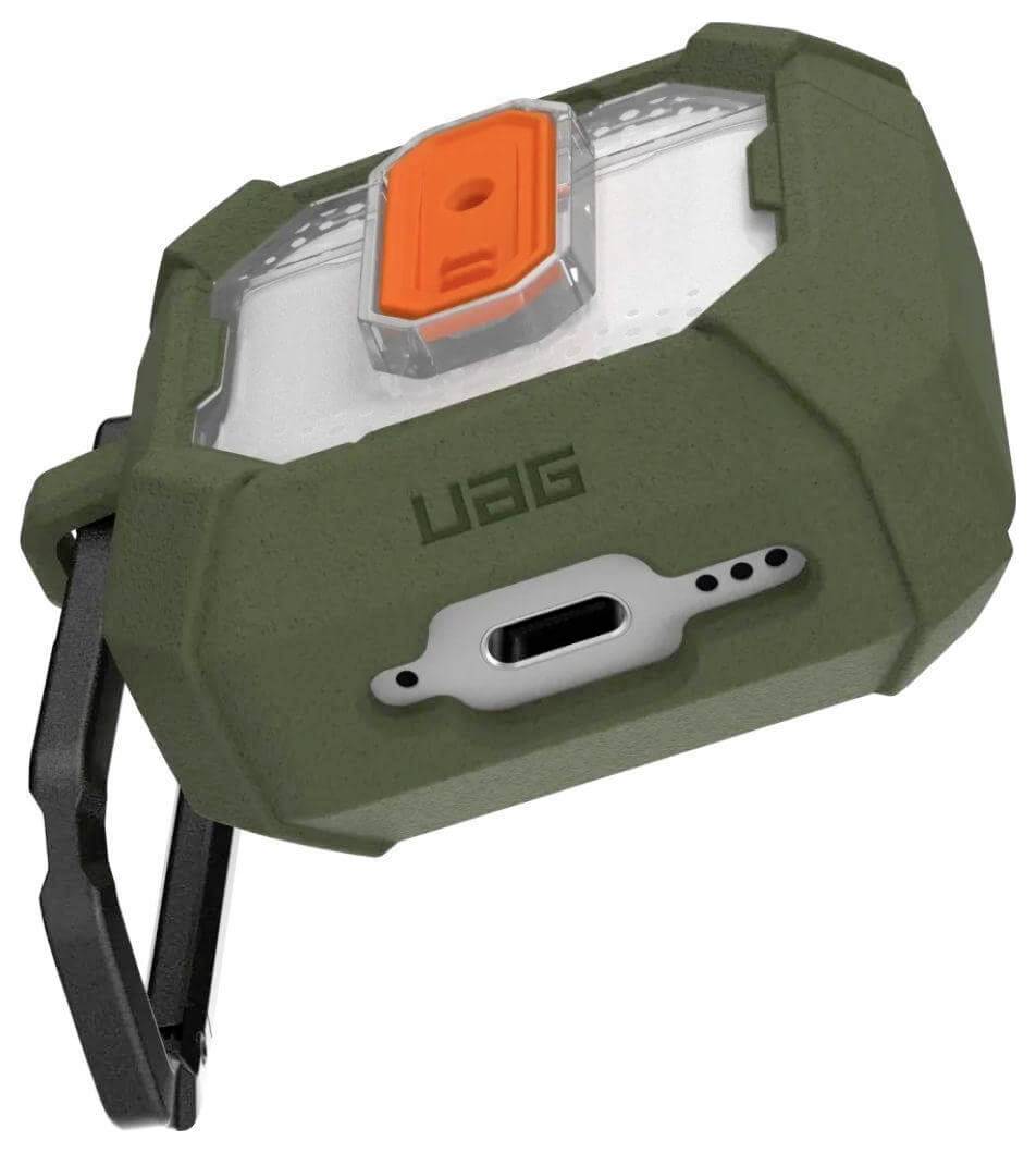 Robustes, grün-schwarzes elektronisches Gerät mit USB-Anschluss, orangefarbenem Schalter und Markenaufschrift 'UAG'.